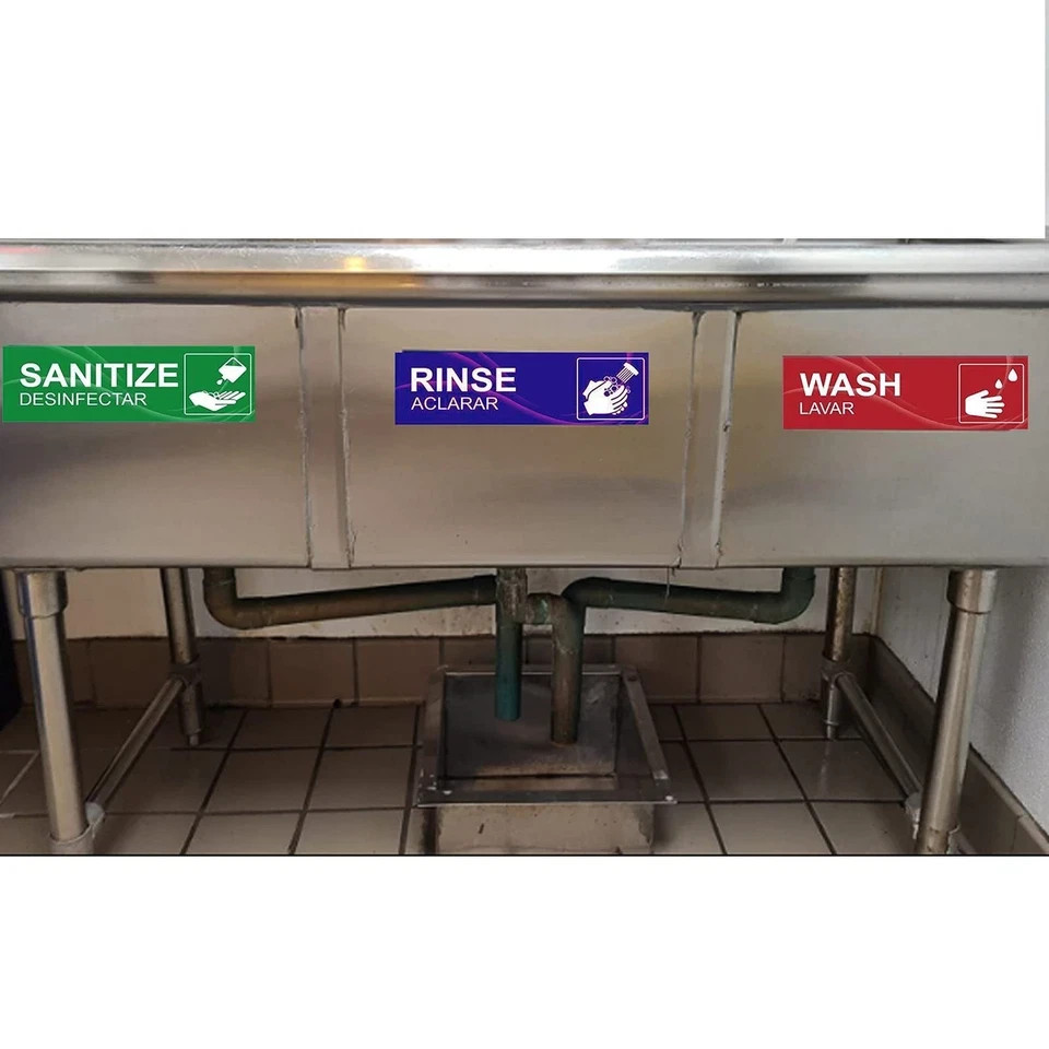 4Pk Wash Rinse Sanitize Kitchen Sink Labels for 3 Compartment Dishwashing Sinks