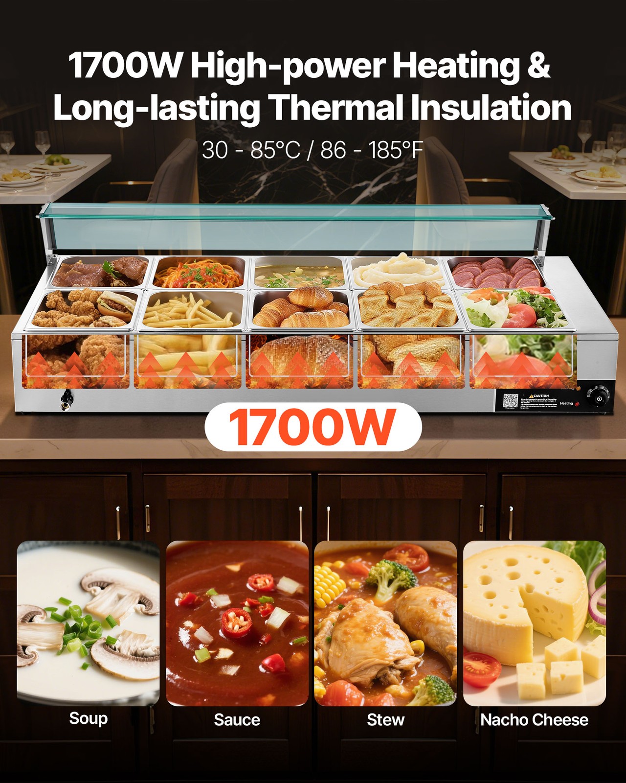 VEVOR Commercial Food Warmer 10-Pan 1700W Buffet Bain Marie with Glass Cover