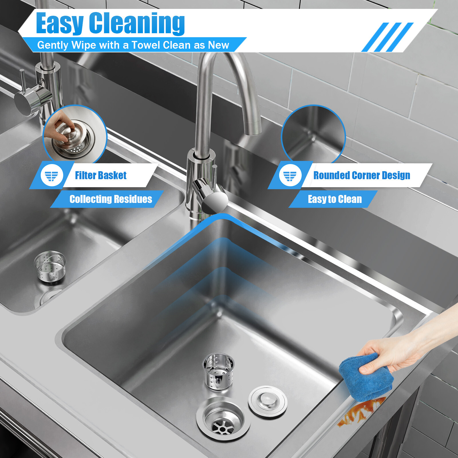 Commercial Sink Stainless Steel 3 Compartment Kitchen Utility Sink With Faucet