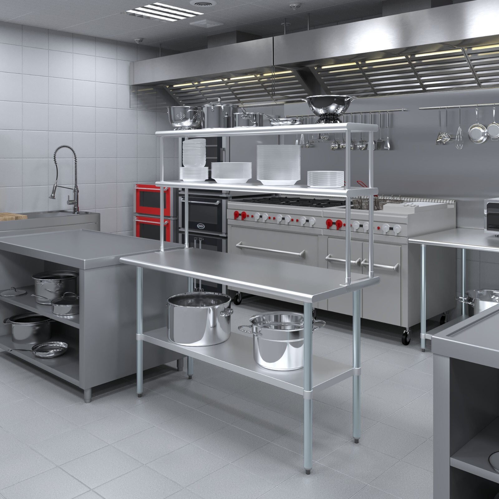 24 in. x 60 in. Stainless Steel Work Table & 12 in. Wide Double Tier Overshelf
