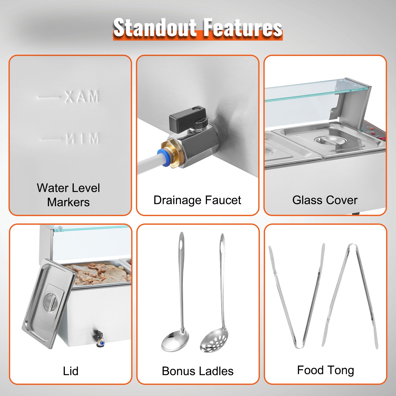 Uimoso Countertop Buffet Bain Marie with Glass Shield and 5 Food Pans