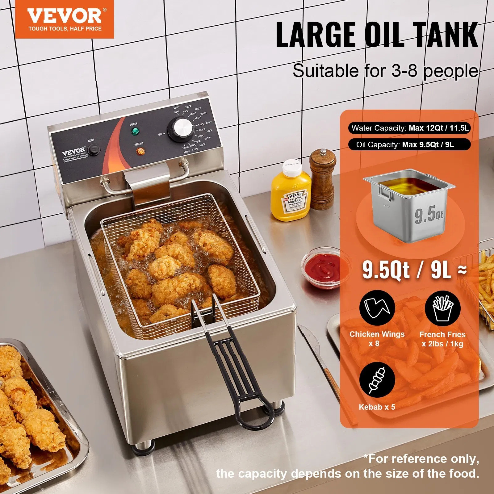 Commercial Deep Fryer, 1750W Electric Countertop Fryer with Basket & Height-Adju