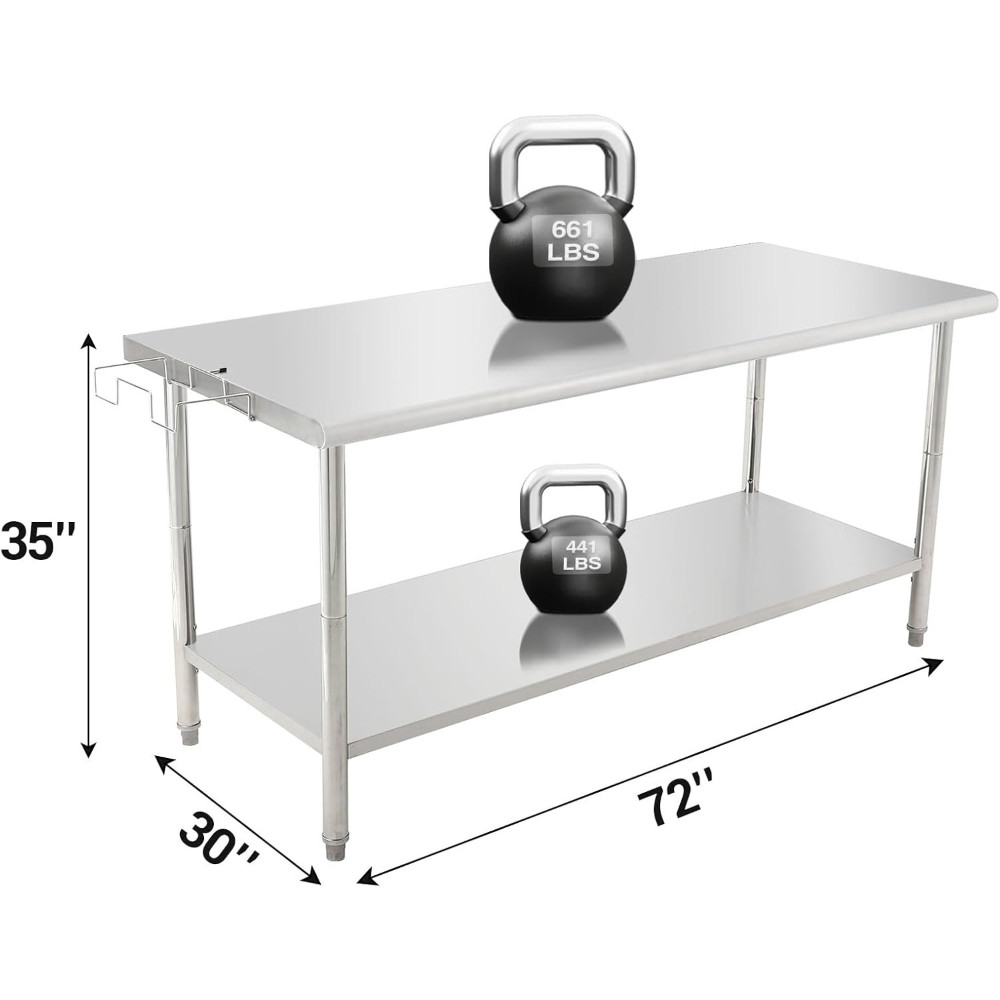 72x30x35 in NSF Stainless Steel Prep Table Adjustable Undershelf Trash Rack