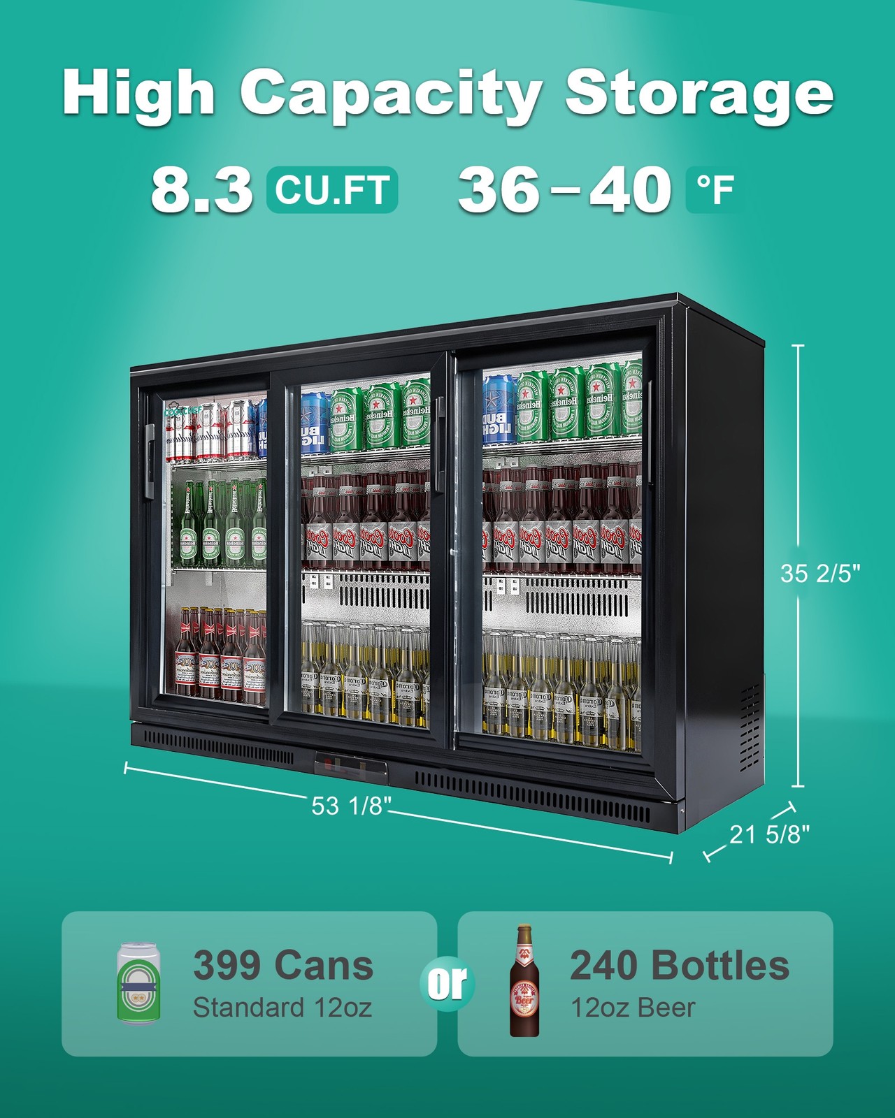 54» Counter Height Back Bar Cooler Glass 3 Doors Sliding Beverage Refrigerator