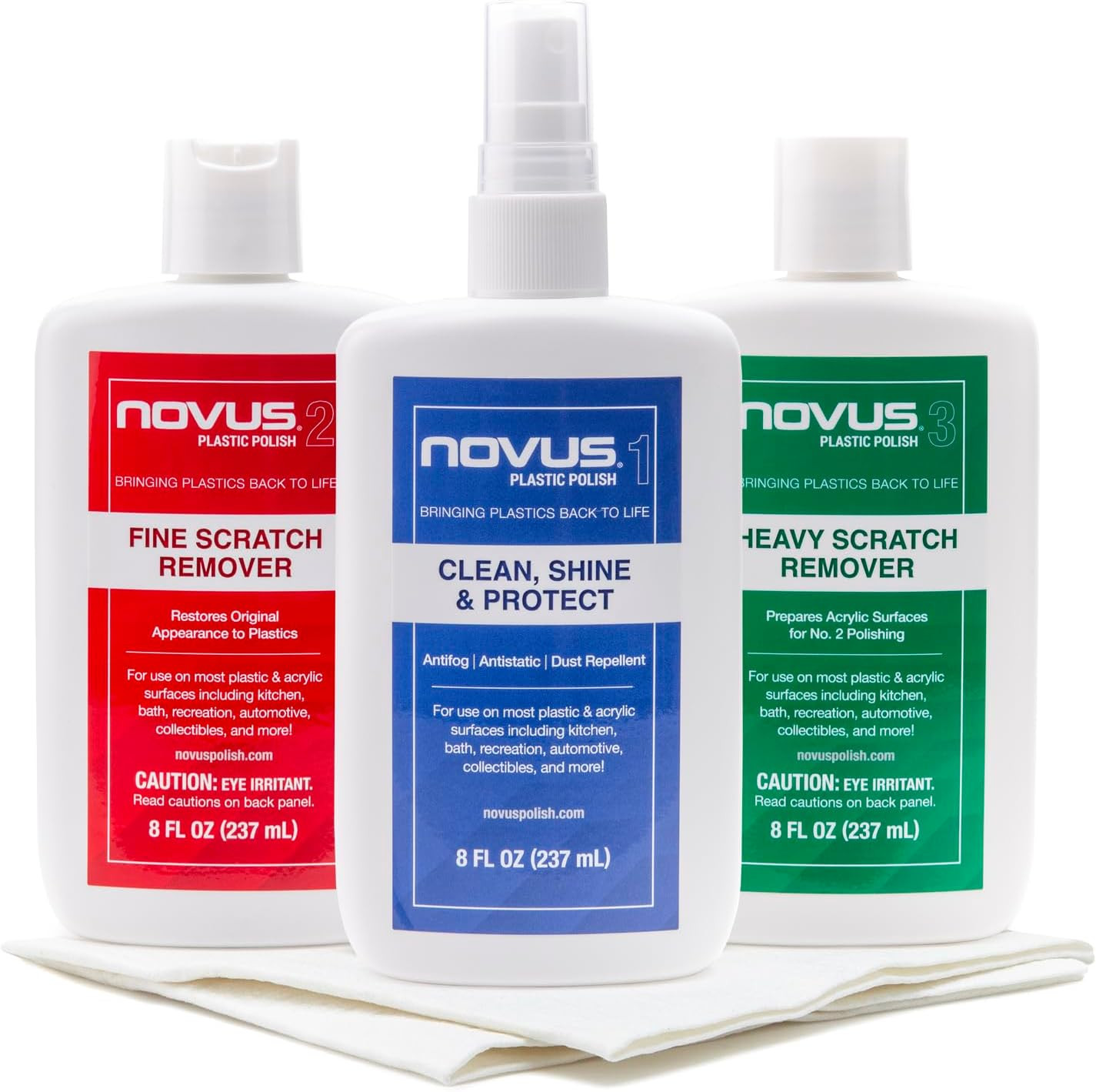 NOVUS-PK1-8 | Plastic Clean & Shine #1, Fine Scratch Remover #2, Heavy Scratch