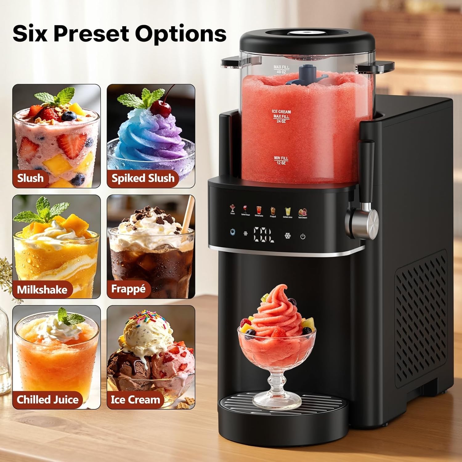 Versatile No-Ice Slushie Maker & Ice Cream Machine – 6 Presets, Black Beauty