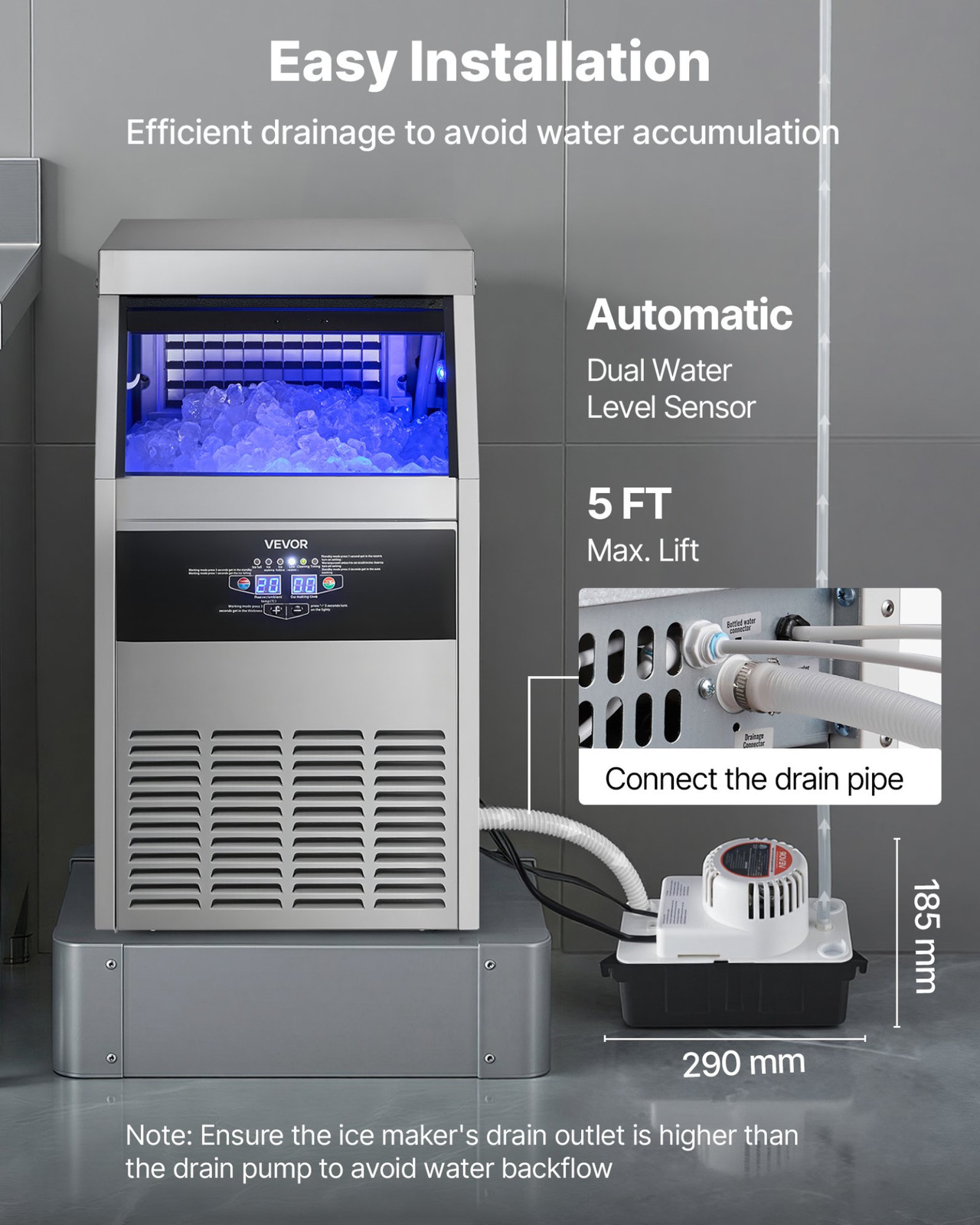 150LB/24H Commercial Ice Maker w/ Pump 30LB Bin Self Clean Stainless Steel