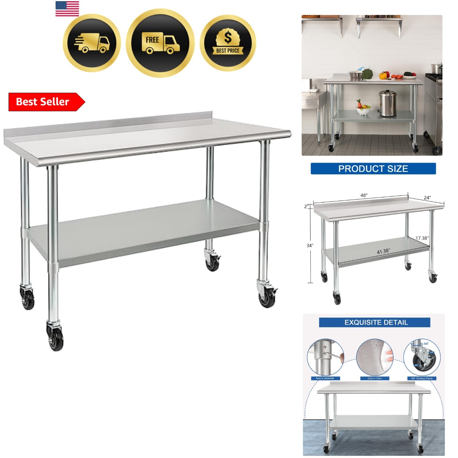 HARDURA Stainless Steel Table 24 x 48 Inches with Wheels Casters NSF Heavy Du…