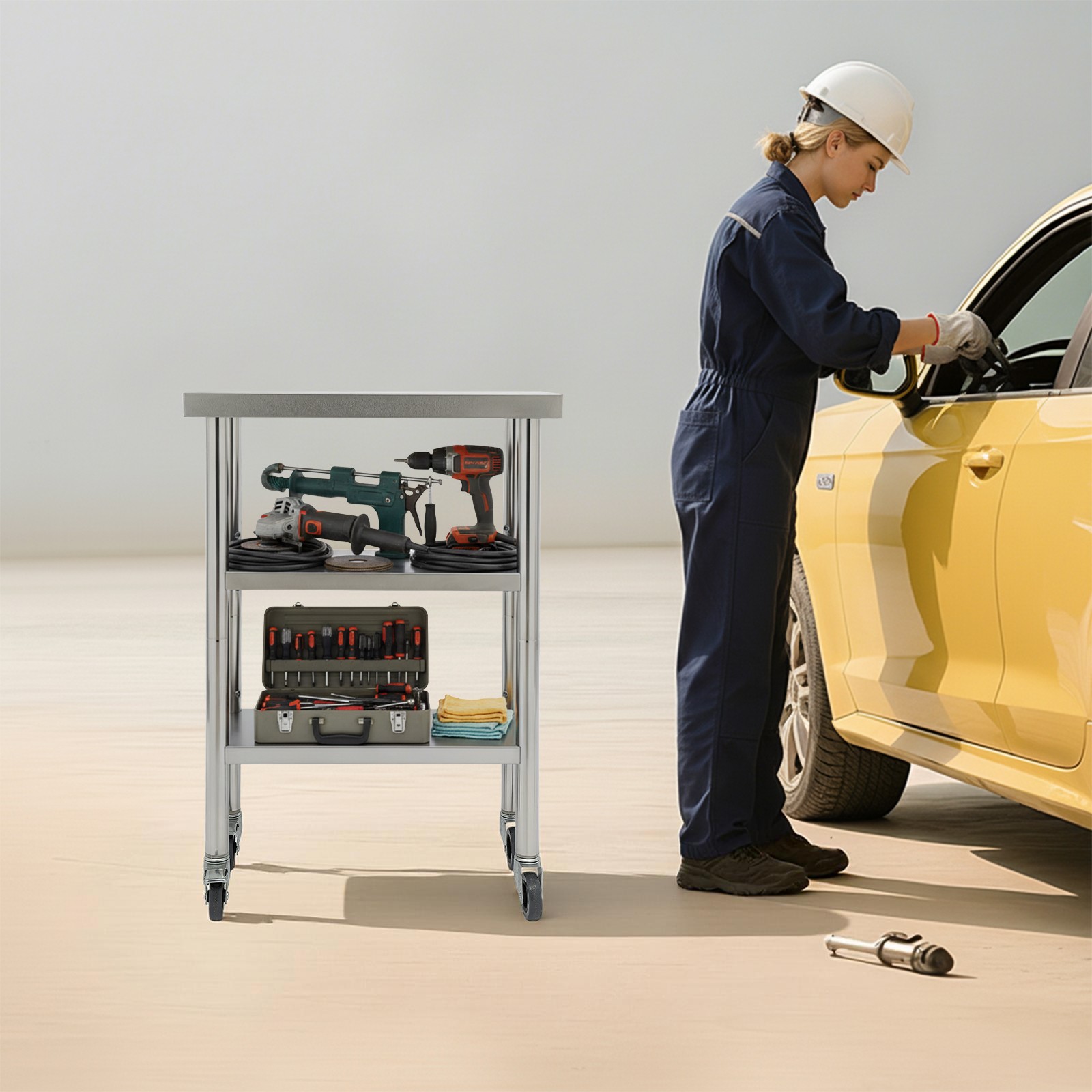 Stainless Steel 3-Tier Workbench 40mm Top 24 × 12 × 35 in Wheels & Foot Pads