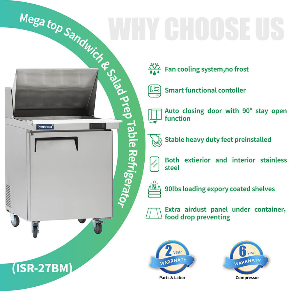 27″ Mega Top Sandwich Prep Table Fridge, ICECASA 1 Door Food Bain Marie Cooler