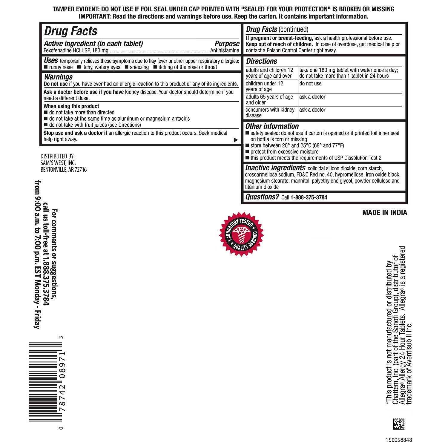 Member’s Mark Original Prescription Strength Fexofenadine Hydrochloride , 180