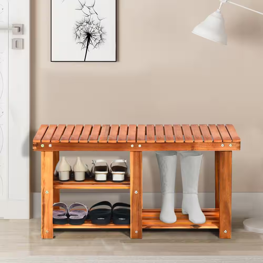 17.5 In. H X 34 In. W Wood Shoe Storage Bench 3-Tier Shoe Rack Freestanding Boot