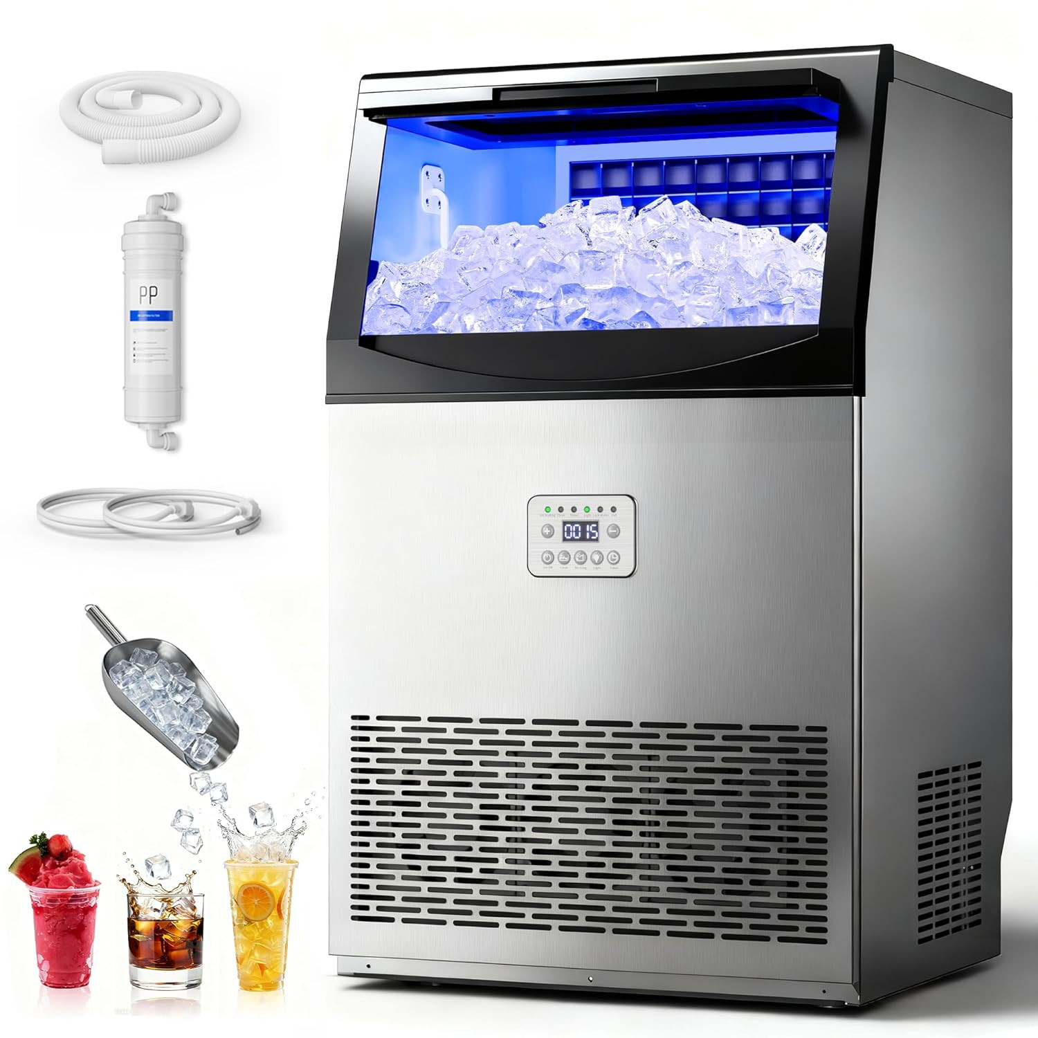 Commercial Ice Maker, 120Lbs/24H Large Ice Machine, 33Lbs Storage Capacity, 50 I