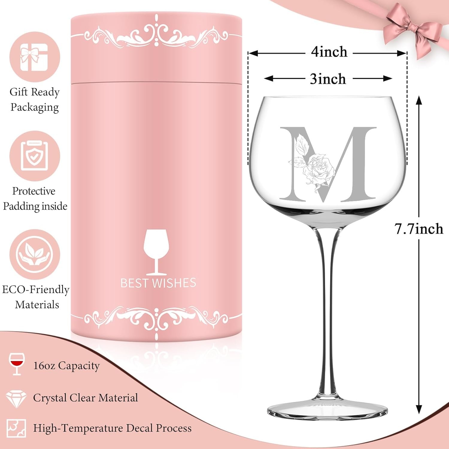 Personalized Gifts for Women Mom Friend, Initial A-Z Wine Glass Customized For