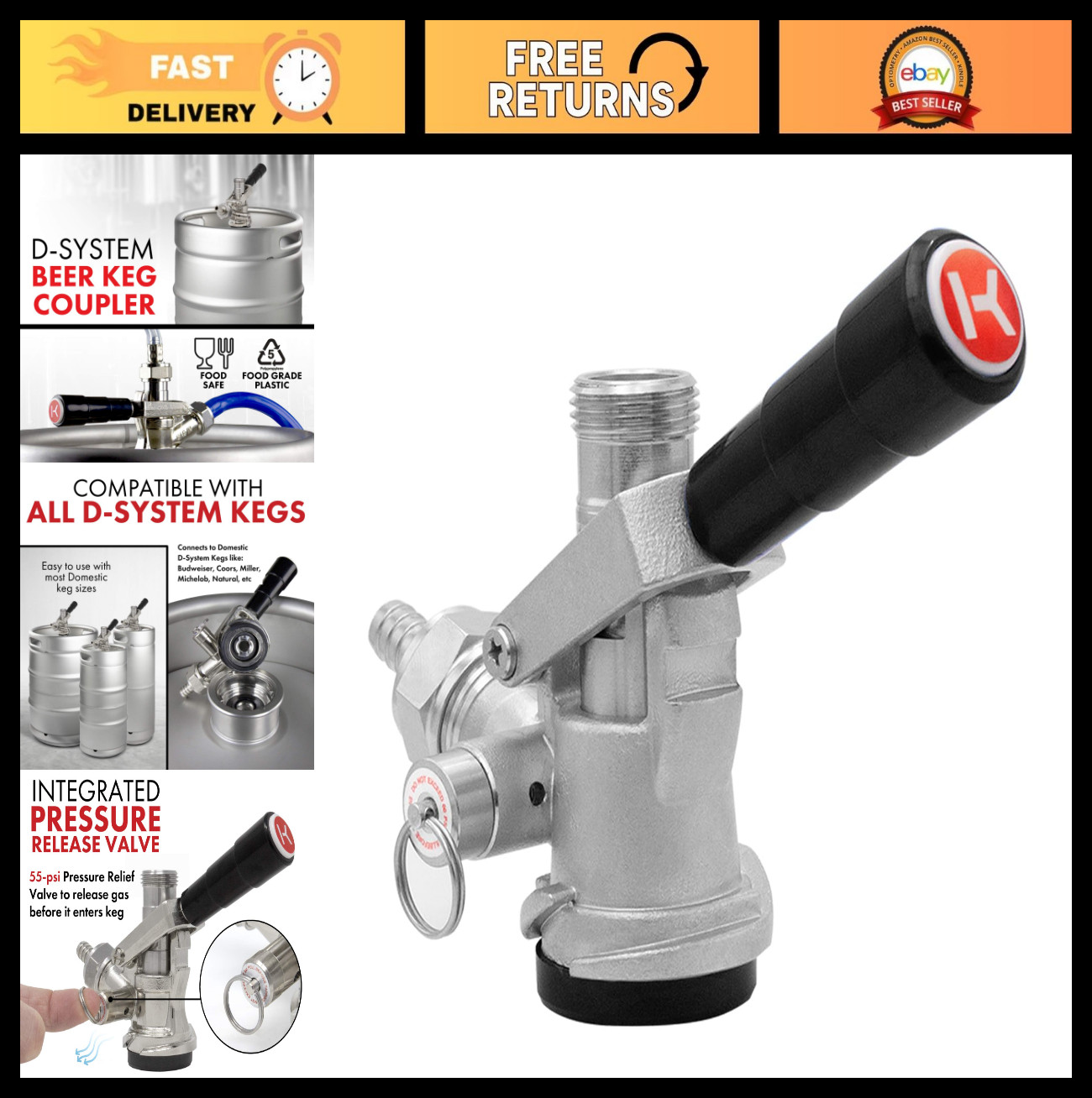 D System Keg Coupler – Heavy Duty Beer Tap, Compatible with Most Kegs, Durable