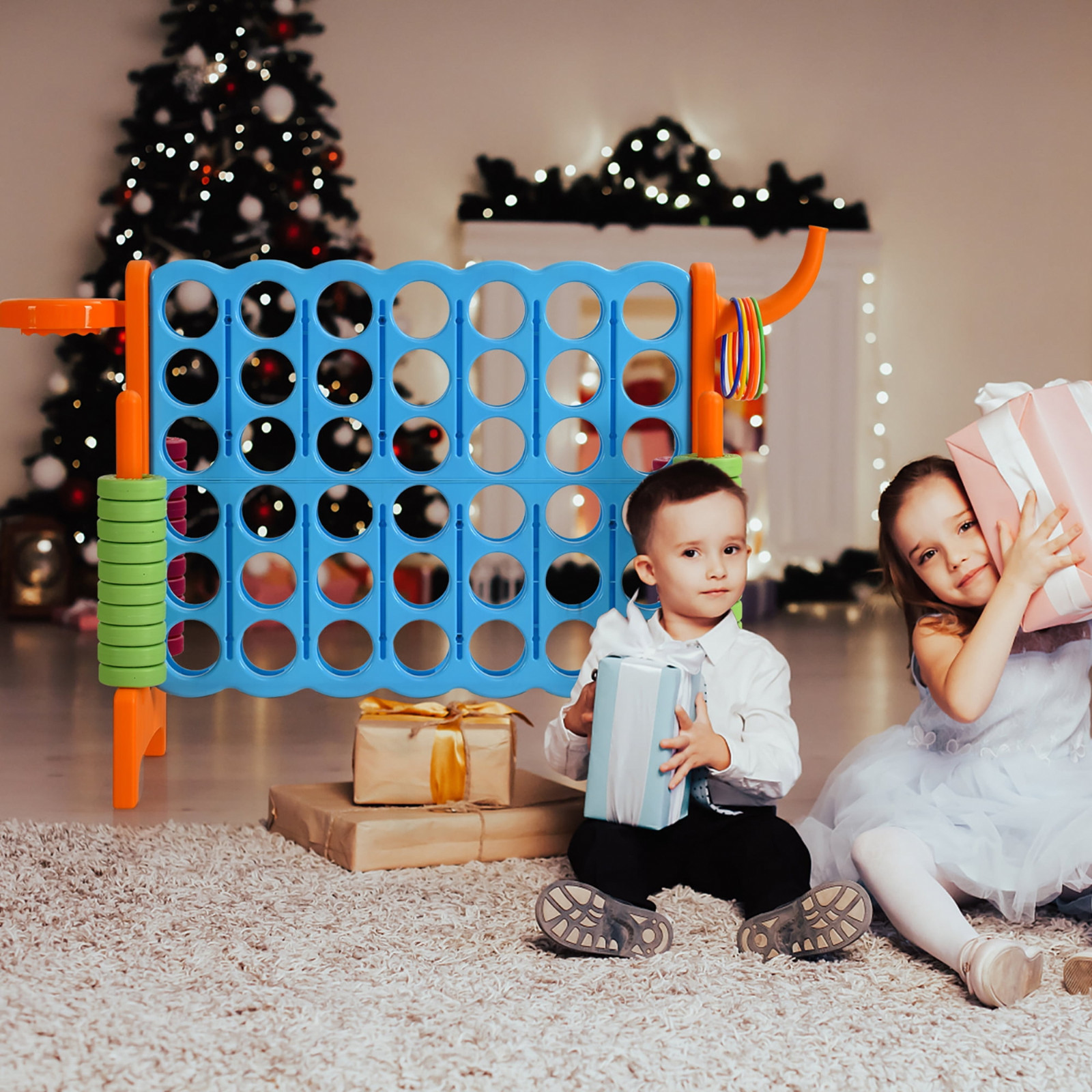 Costway Giant 4 in a Row Game Set with Basketball Hoop (Orange, FREESHIP)