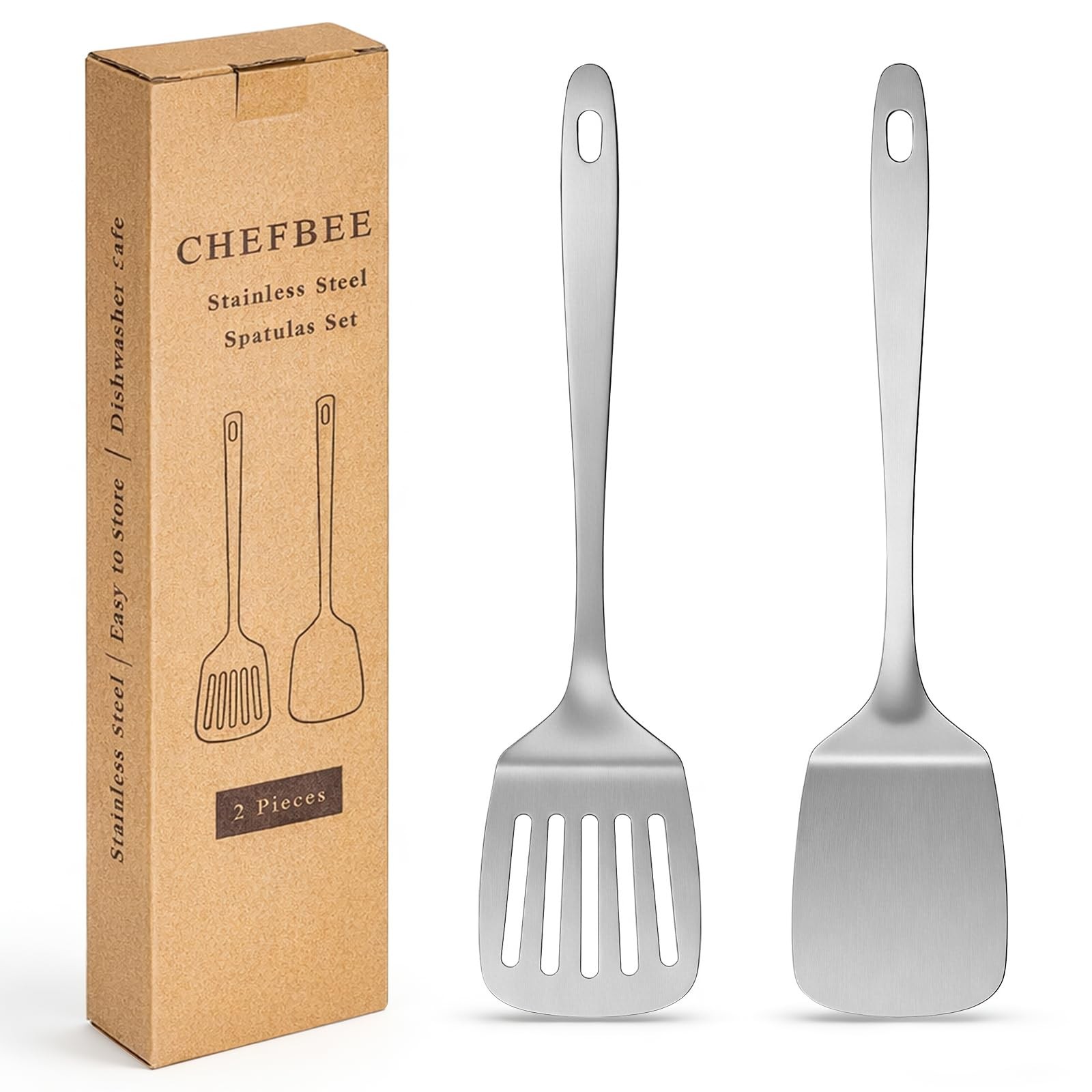 ChefBee 2PCS Metal Spatula Set – Stainless Steel Solid 13.2in, Sliver