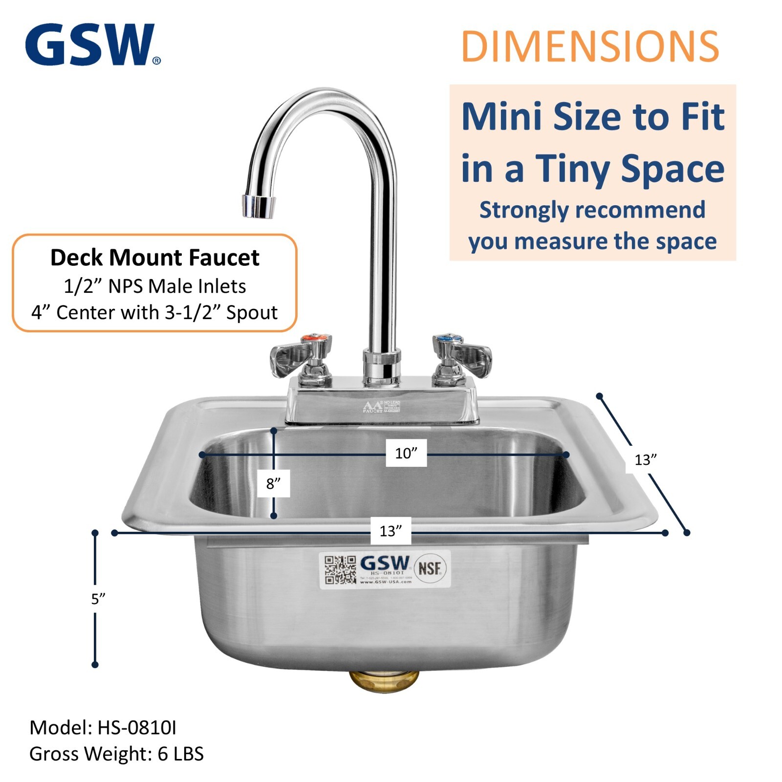 GSW HS-0810I Mini 13″ x 13″ Stainless Steel Drop-In Hand Sink with Faucet