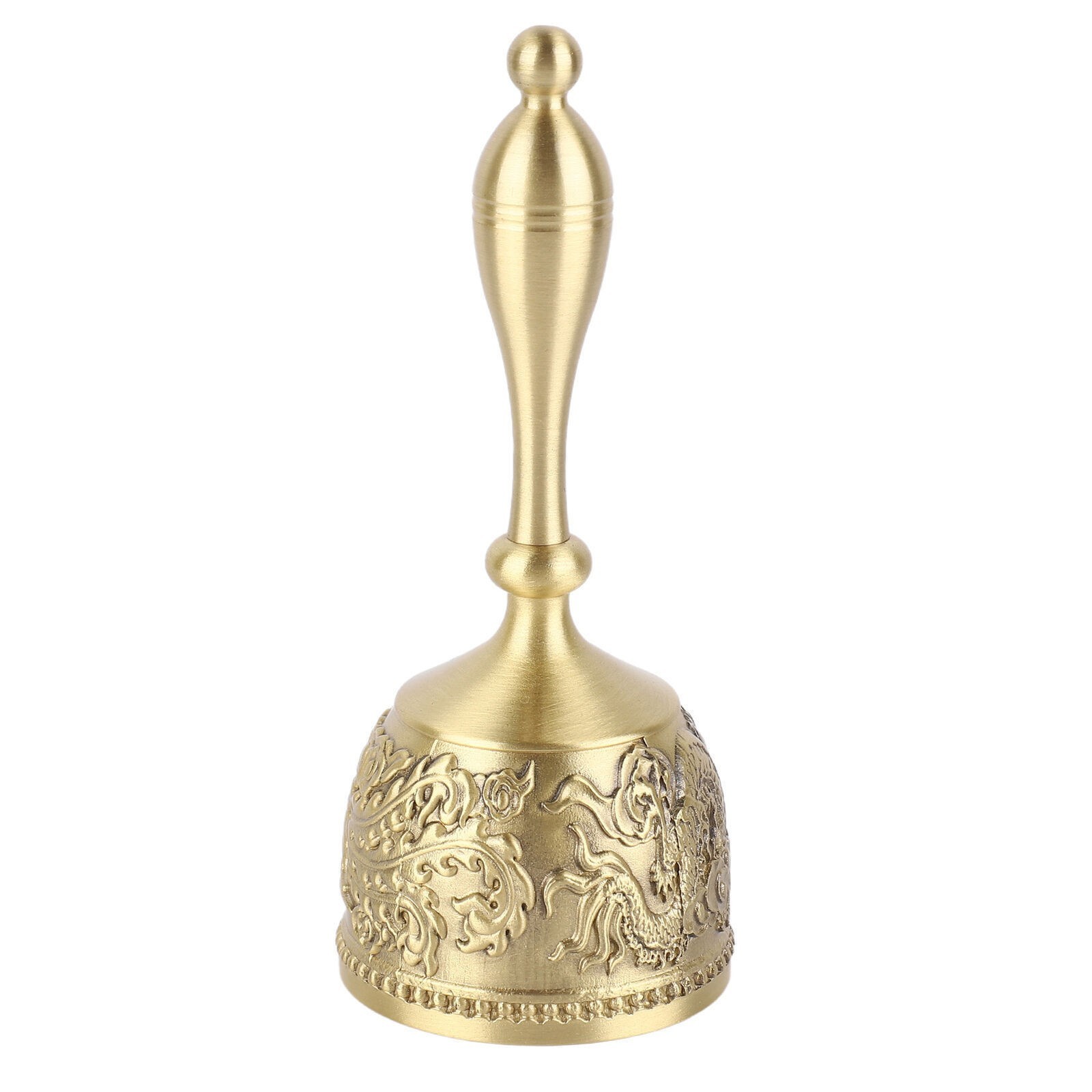 Hand Call Bell 4.7in Long Pure Brass Exquisite Carved Pattern Curved Handle