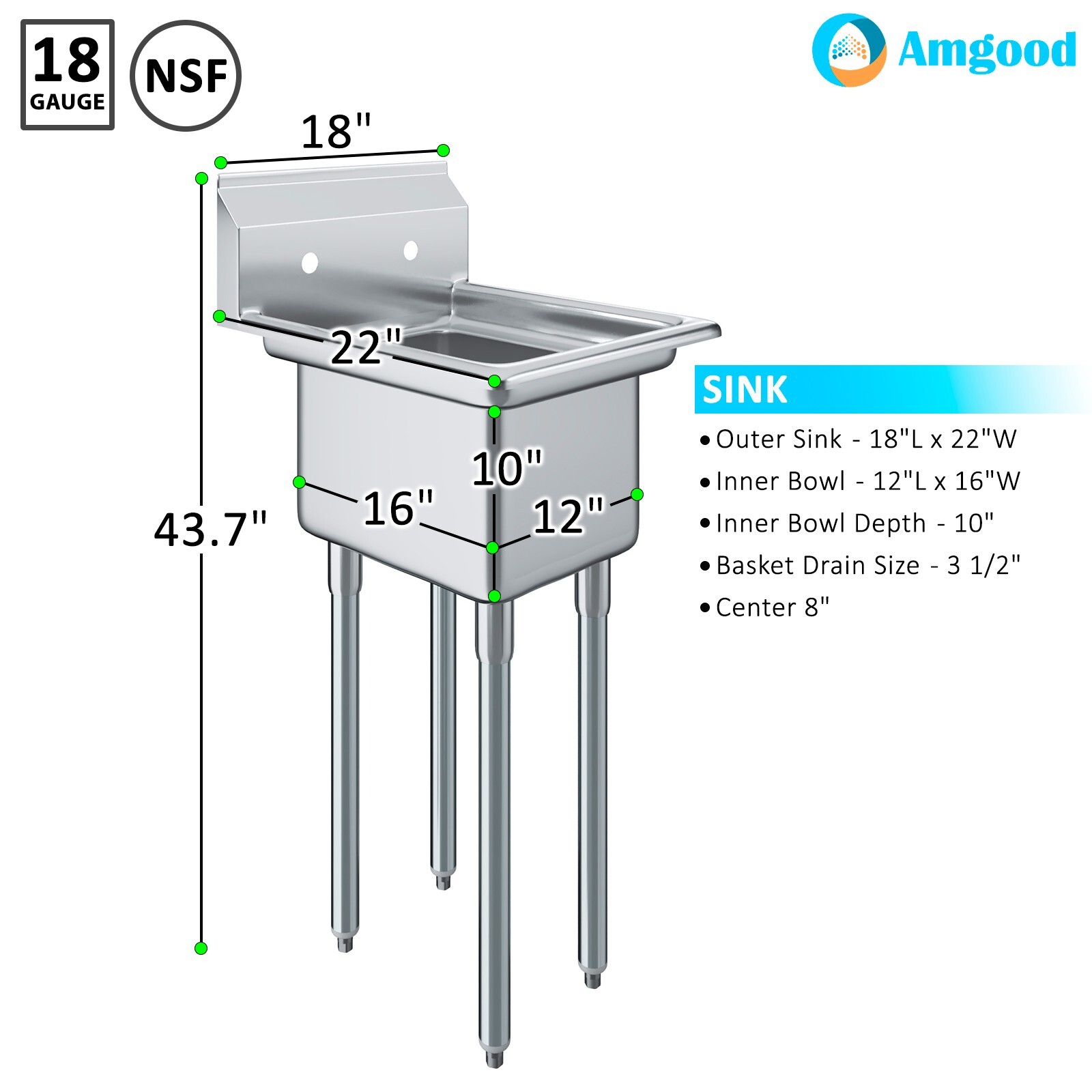 22 in. x 18 in. Stainless Steel One Compartment Sink. 12 in x 16 in x 10in Bowls