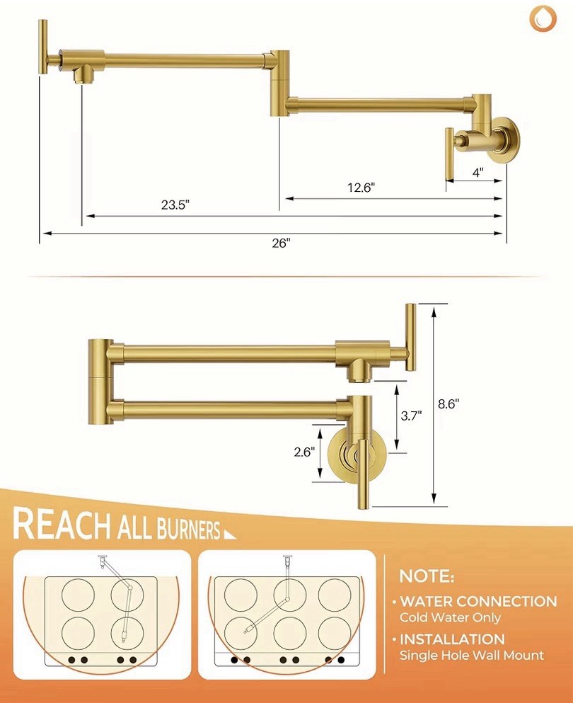 WOWOW Brushed Gold Pot Filler Faucet Wall Mount Folding Kitchen Faucet 304 SS