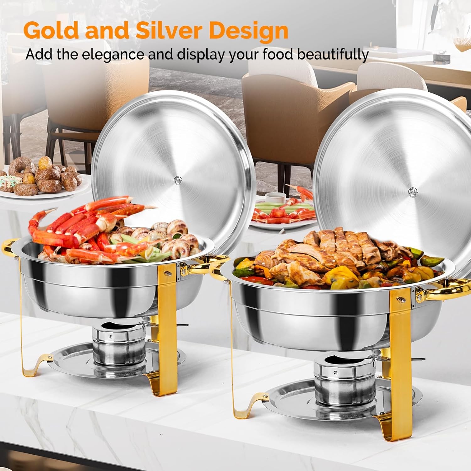 2 Pieces Elegant Gold & Silver Chafing Dishes 5QT Buffet Warmers for Weddings