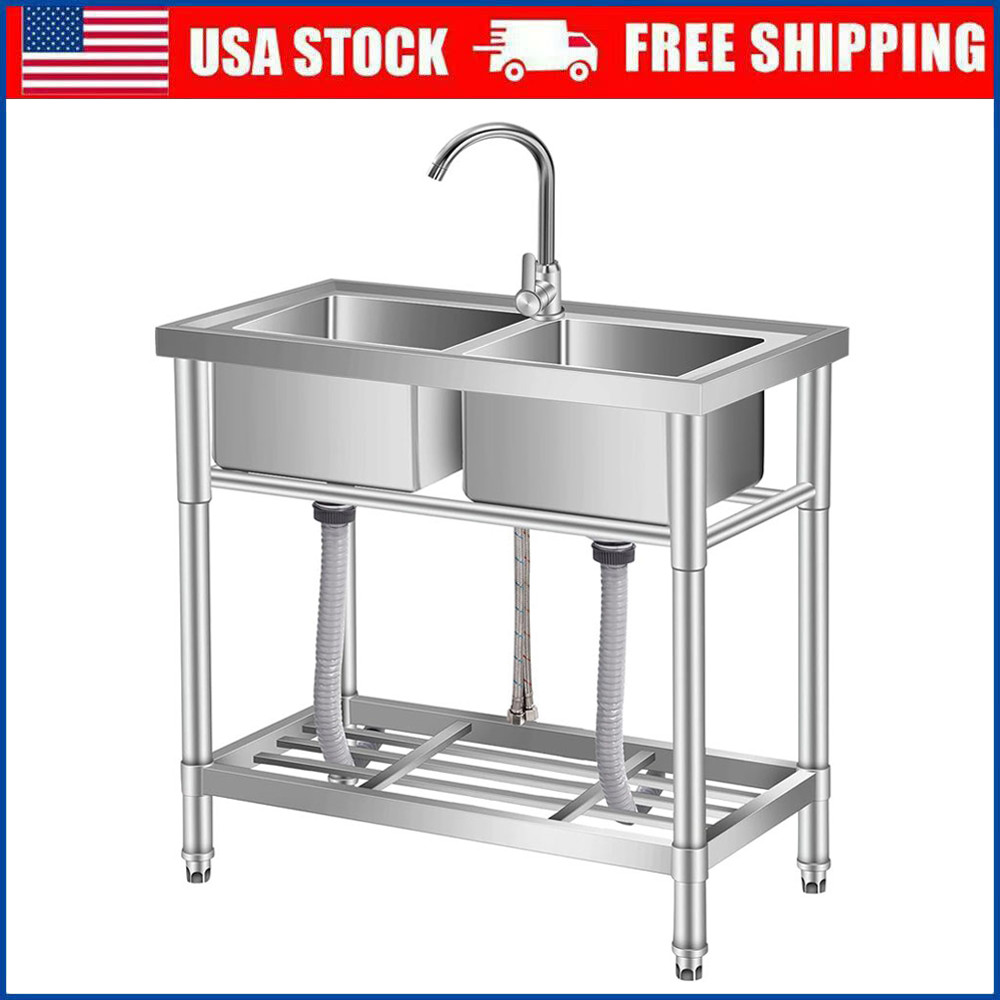Stainless Steel Utility Sink 33″x18″x30″ Free Standing Double Bowl Sink w/Faucet