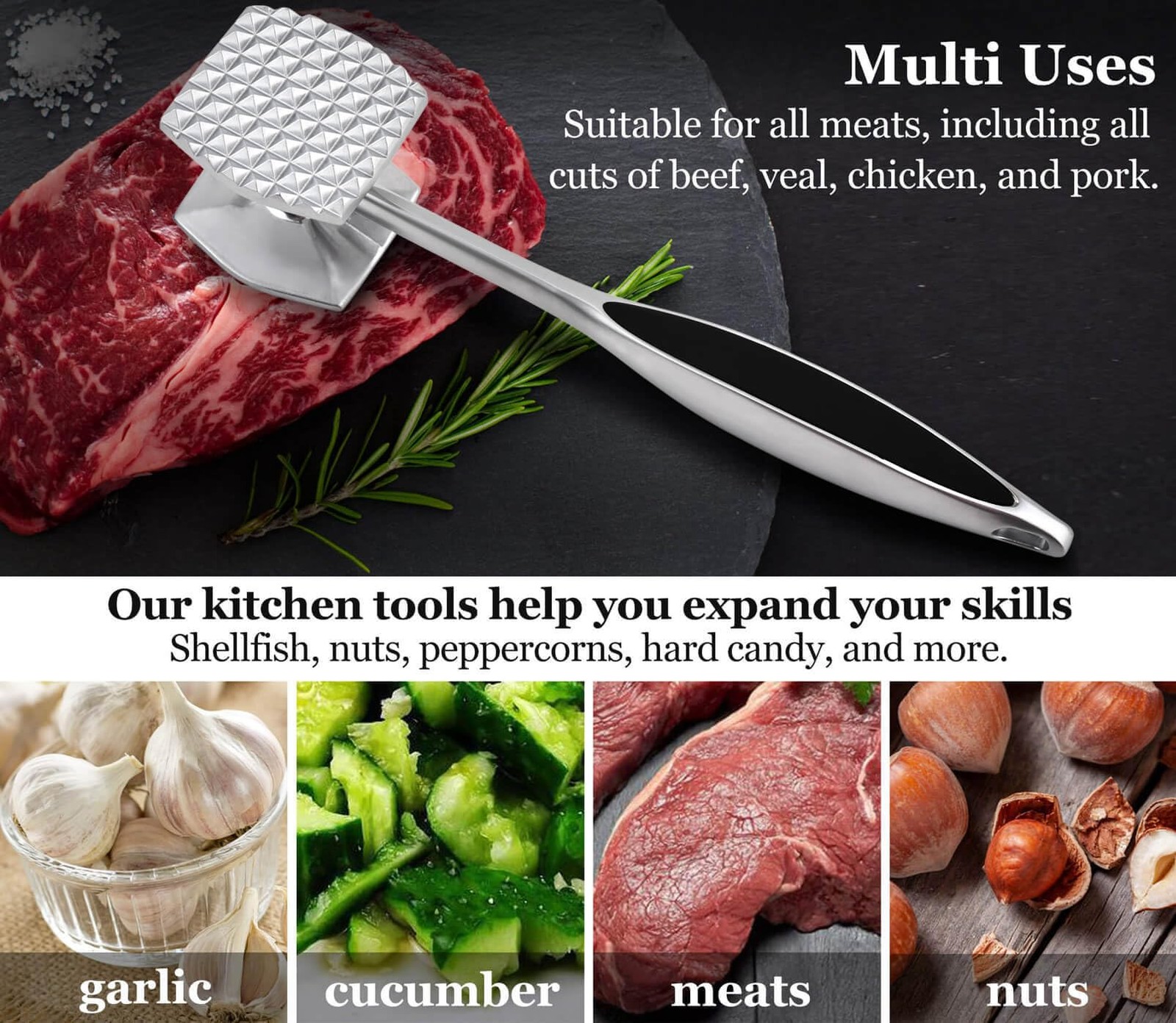 Aliglow Meat Tenderizer Hammer Tool Pounder For 8.9inch, Sliver-white