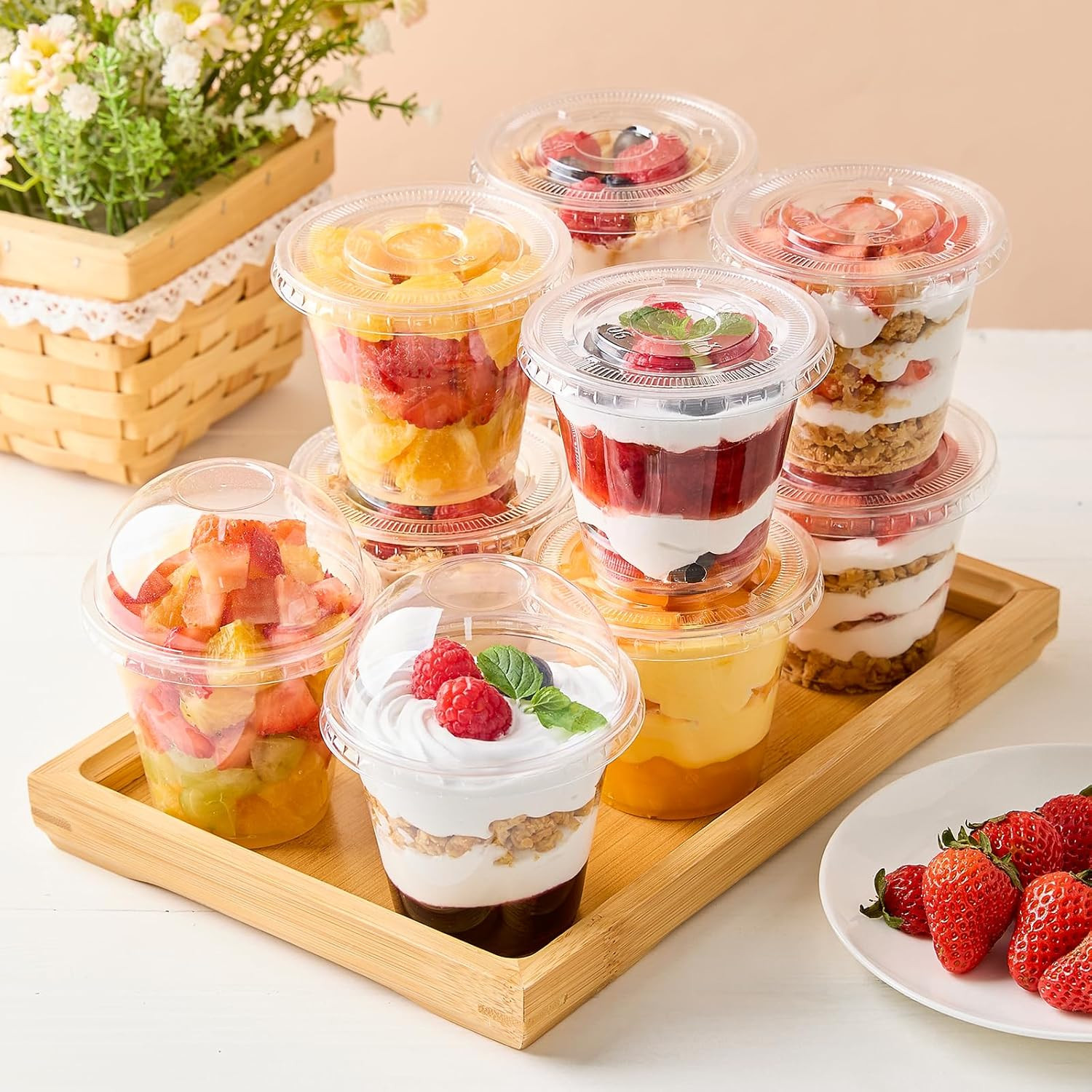 50 Pack 9 Oz Clear Plastic Dessert Cups with Dome Lids No Hole, Small Parfait Cu