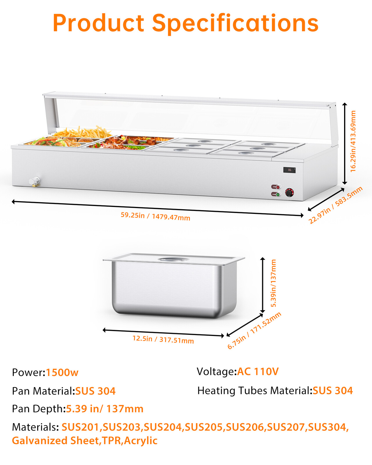 Commercial Food Warmer Steam Table w/Shield 96QT Buffet Restaurant 1500W
