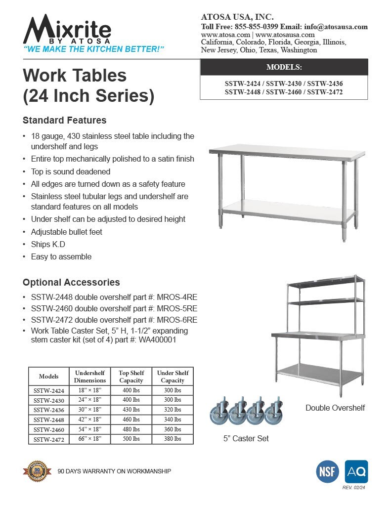 Atosa SSTW-2460 — 24″ x 60″ STAINLESS STEEL Worktable