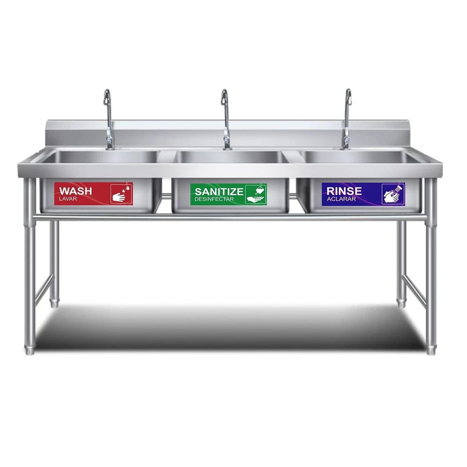 4Pk Wash Rinse Sanitize Kitchen Sink Labels for 3 Compartment Dishwashing Sinks