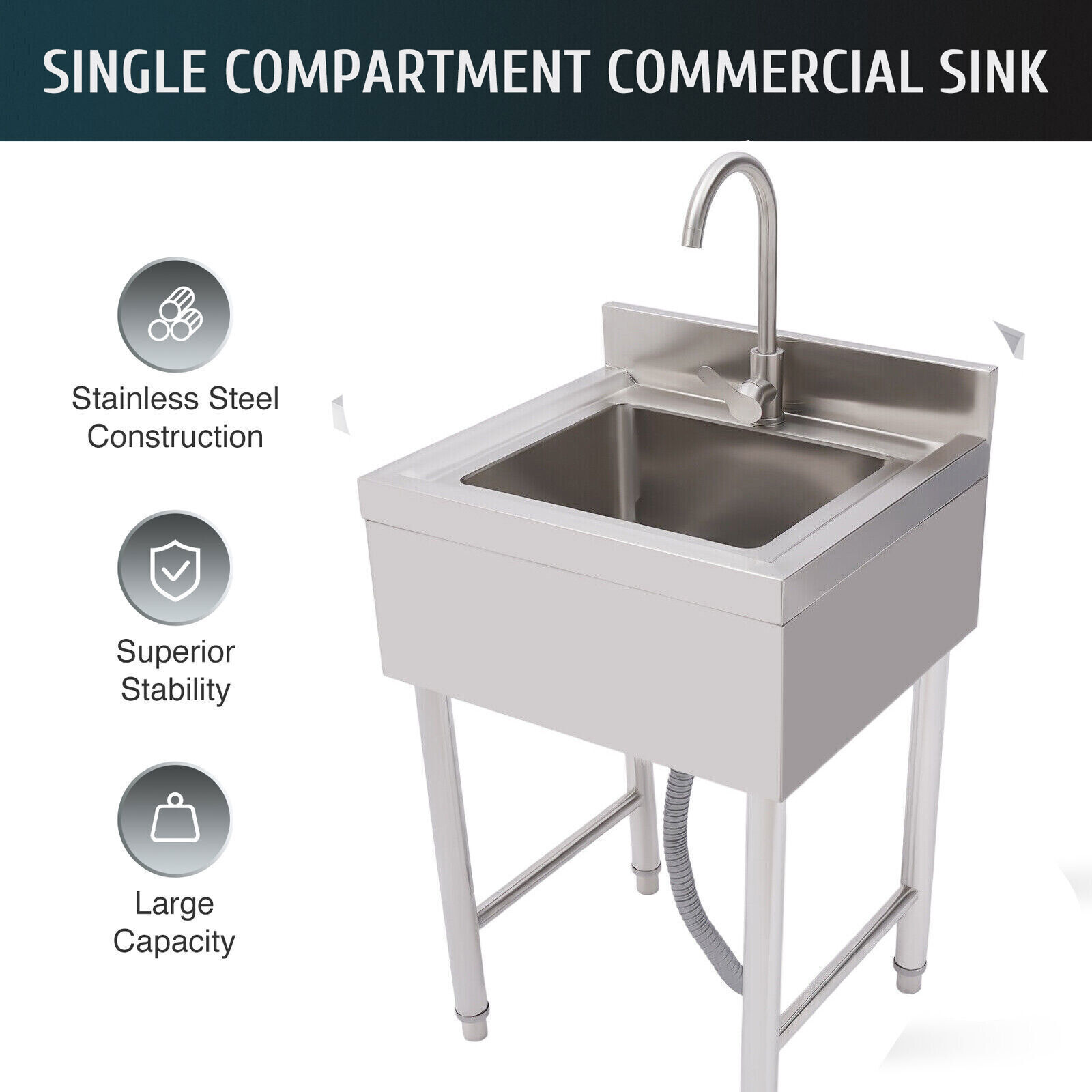 Commercial Utility Sink Stainless Steel Kitchen Sink 1 Compartment with Faucet.