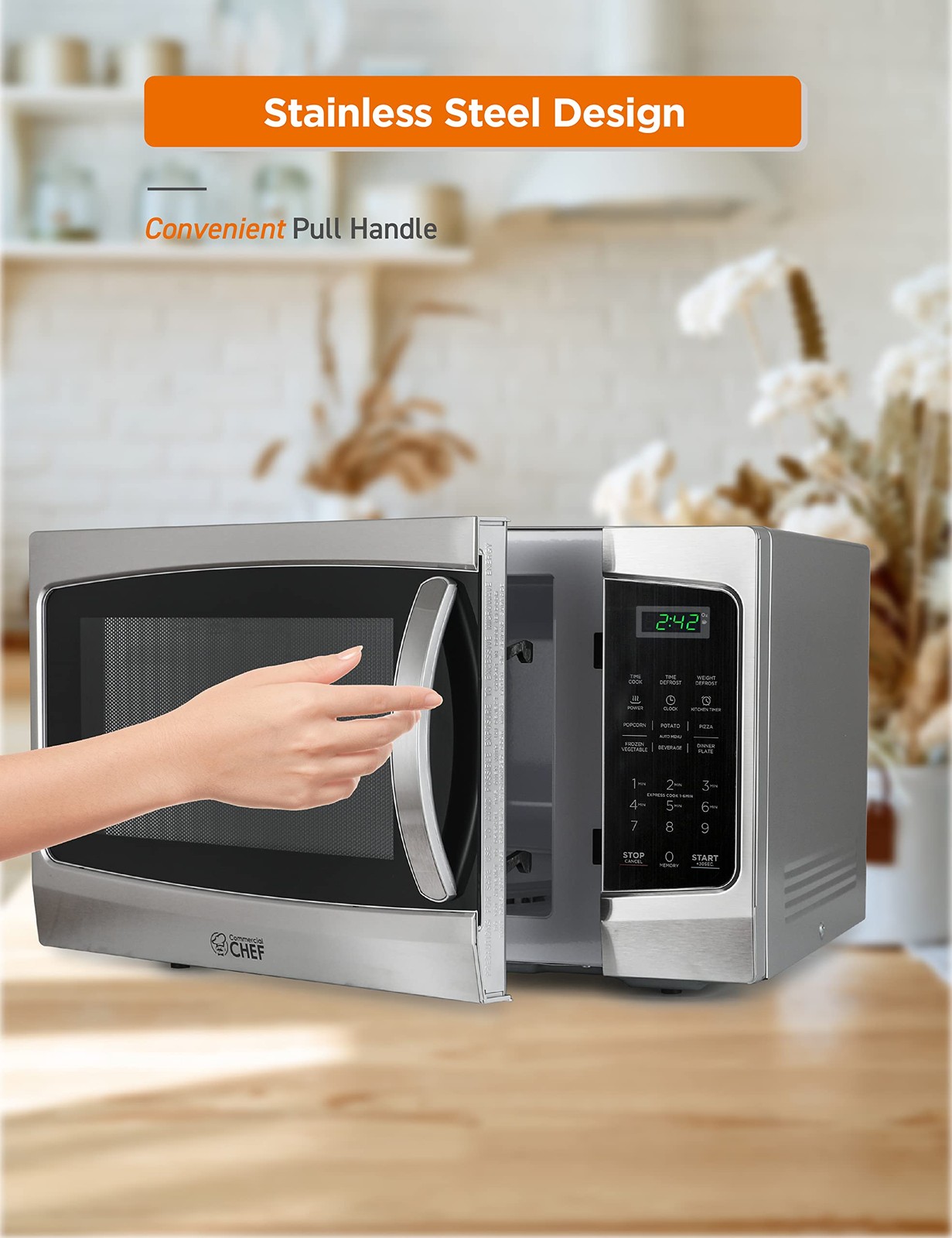 COMMERCIAL CHEF Microwave 1.3 Cu Ft with 10 Cubic Feet, Stainless Steel
