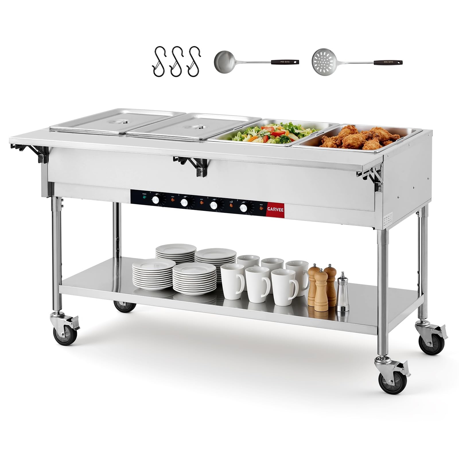 Garvee 2000W Electric Food Warmer 4×20.6QT Stainless Buffet Server Wheels Cater