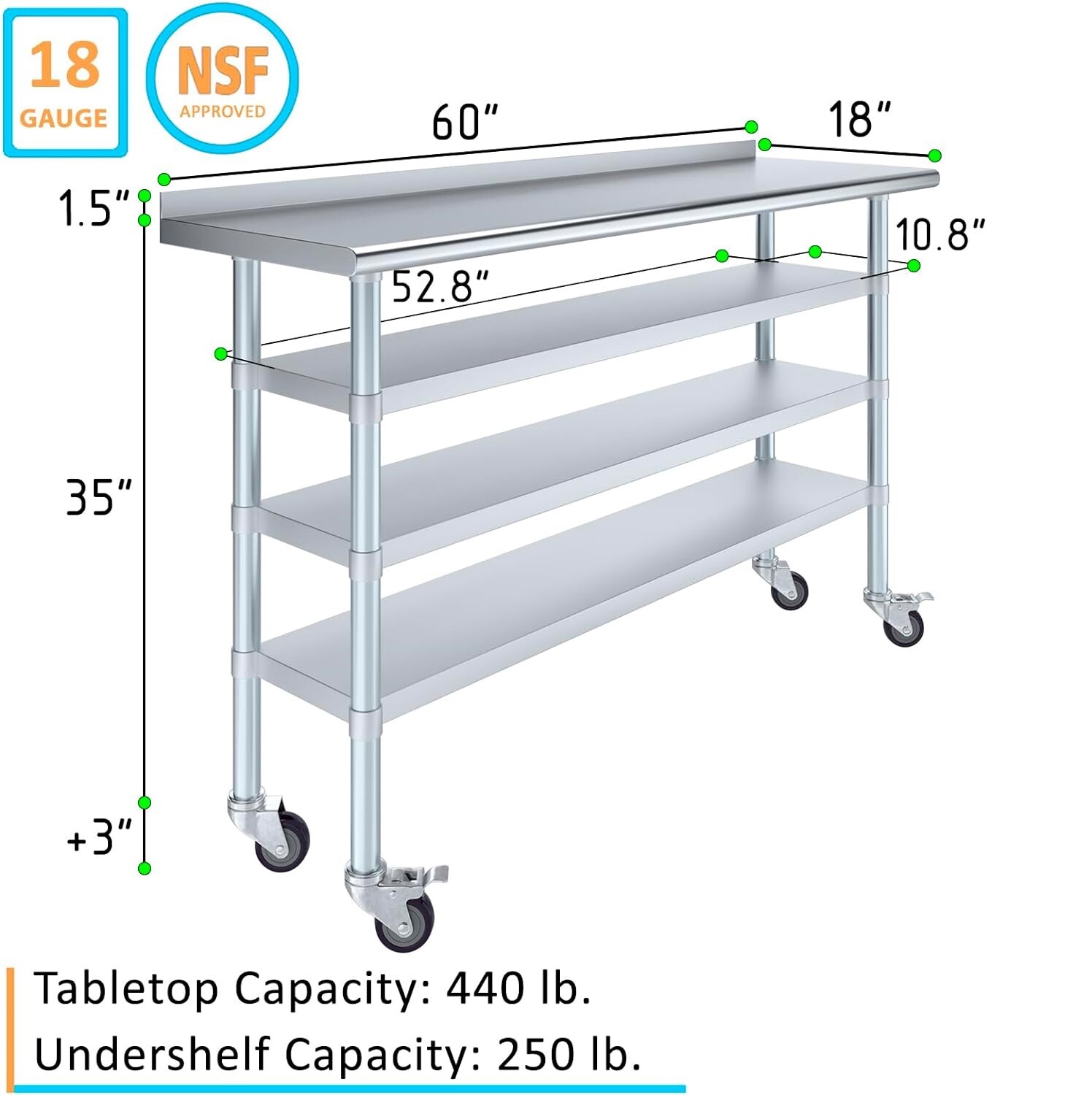 Stainless Steel Metal Work Table with 1.5″ Backsplash and 3 Shelves with Wheels