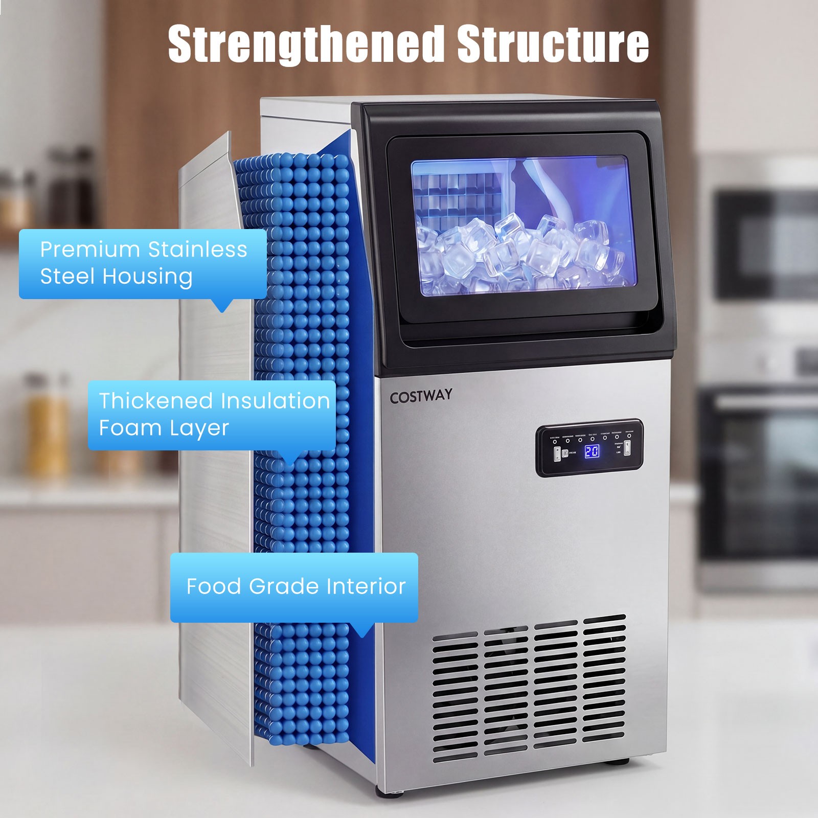 Commercial Ice Maker 110 lbs/24H, Stainless Steel Ice Machine w/25 lbs Capacity