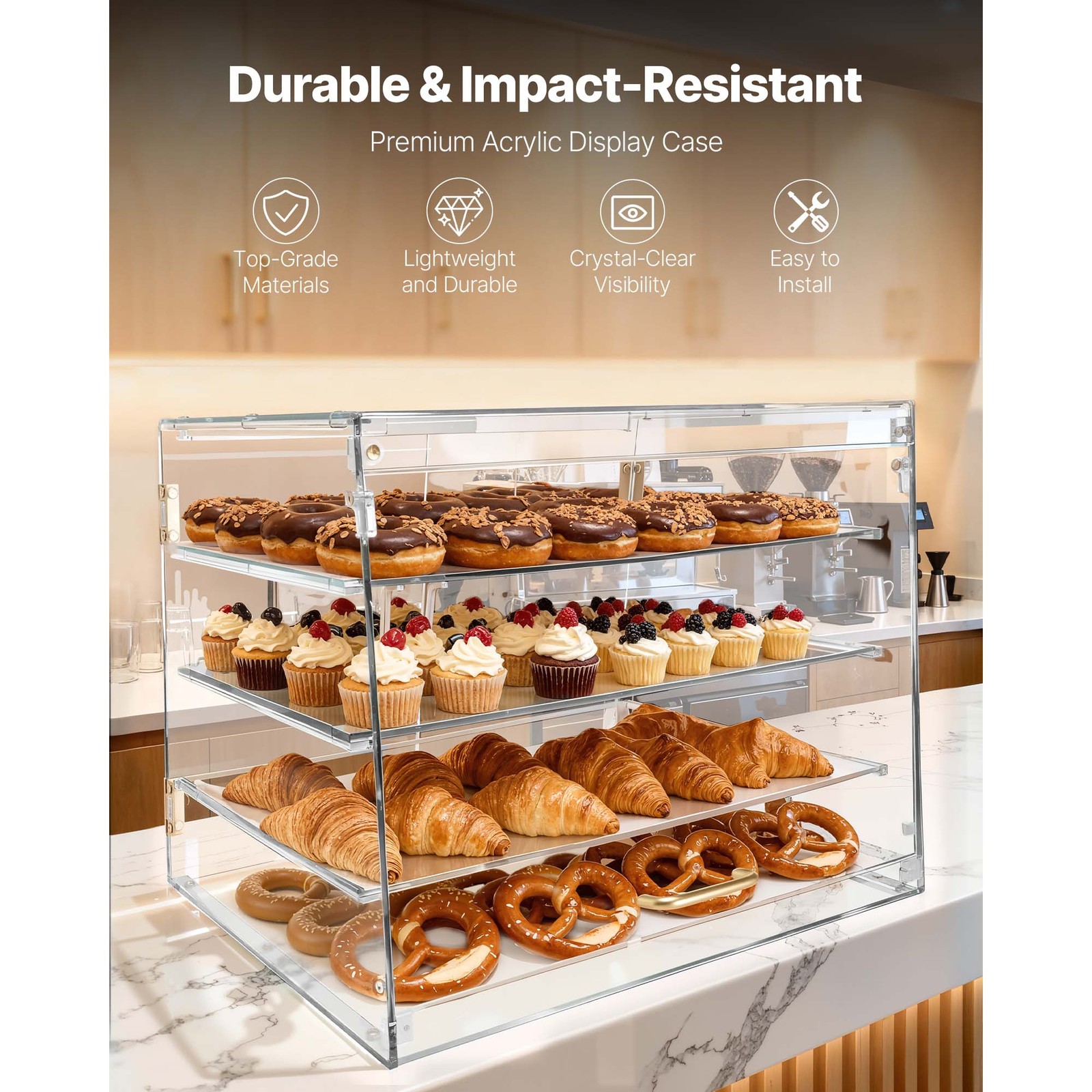 Uimoso Acrylic Countertop Pastry Display Case with 4 Tiers and Dual Access Doors