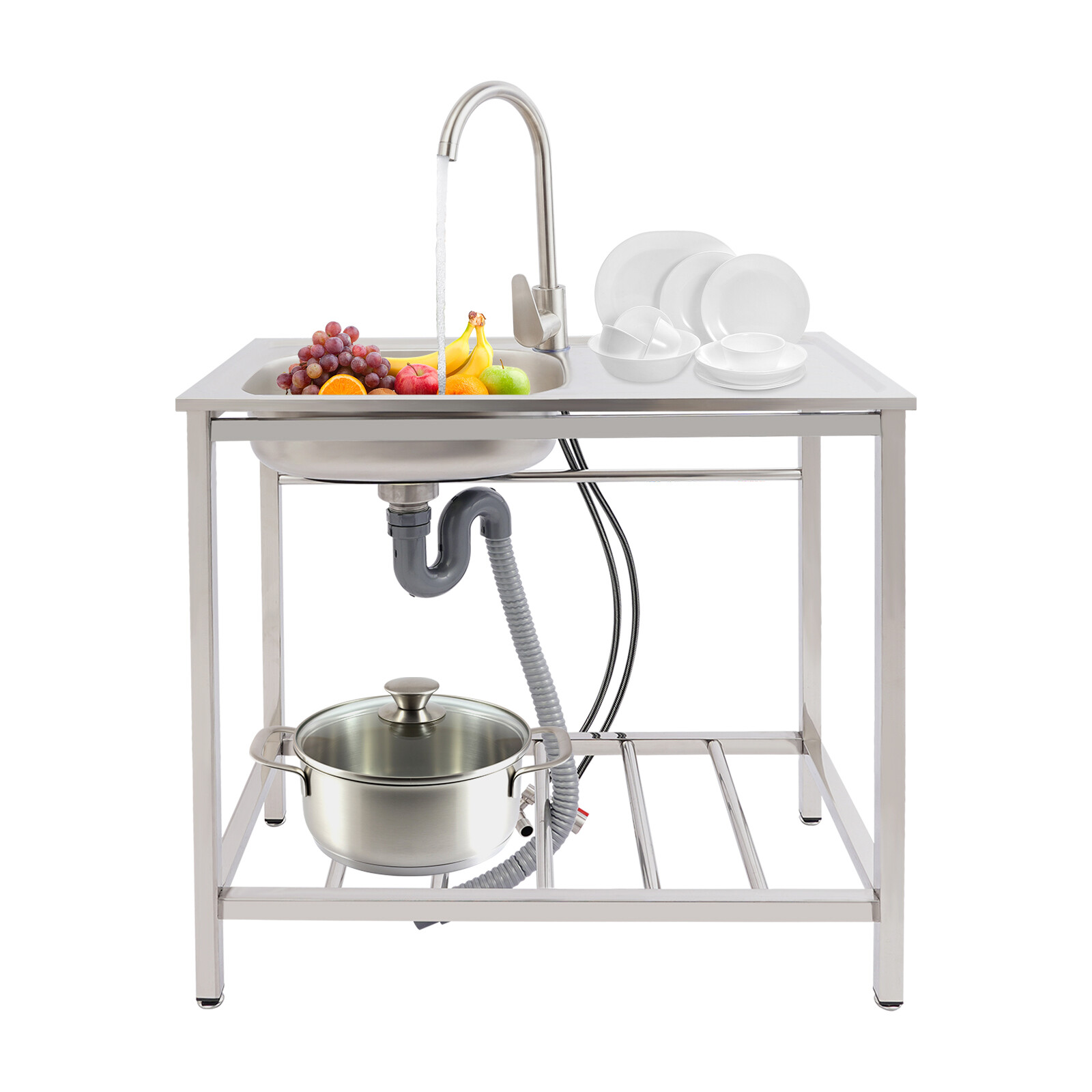 Stainless Steel Utility Sink, Free Standing with Faucet & Drainpipe for Homes