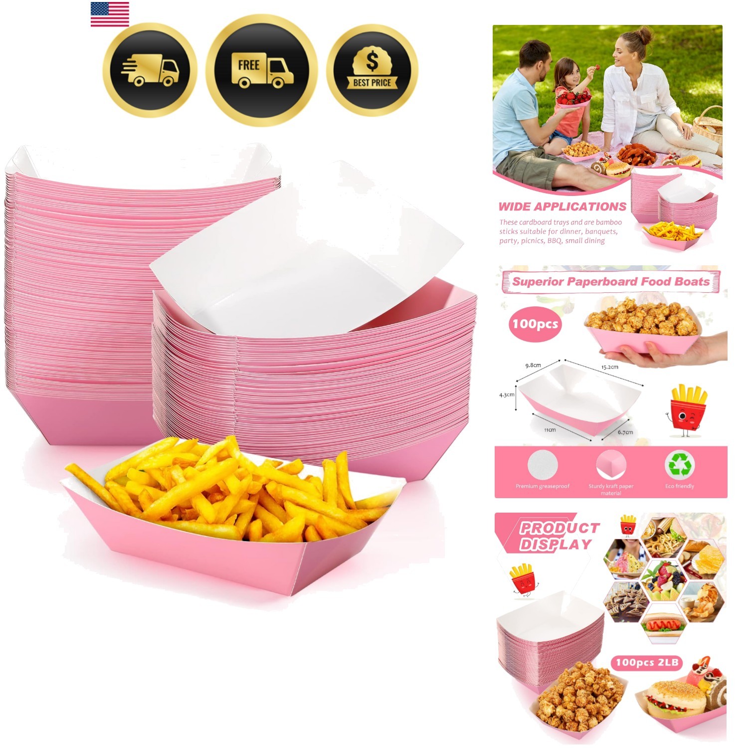100 Pcs 2lb Paper Food Trays Boat 2lb Disposable Nacho Trays Kraft Paper Boat…