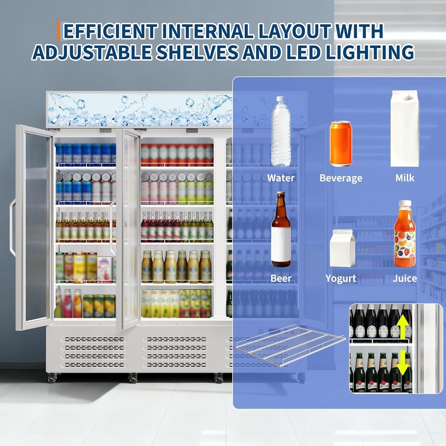 Commercial Refrigerator, Three Glass Door Display Beverage Fridge, 39 Cu ft Upri