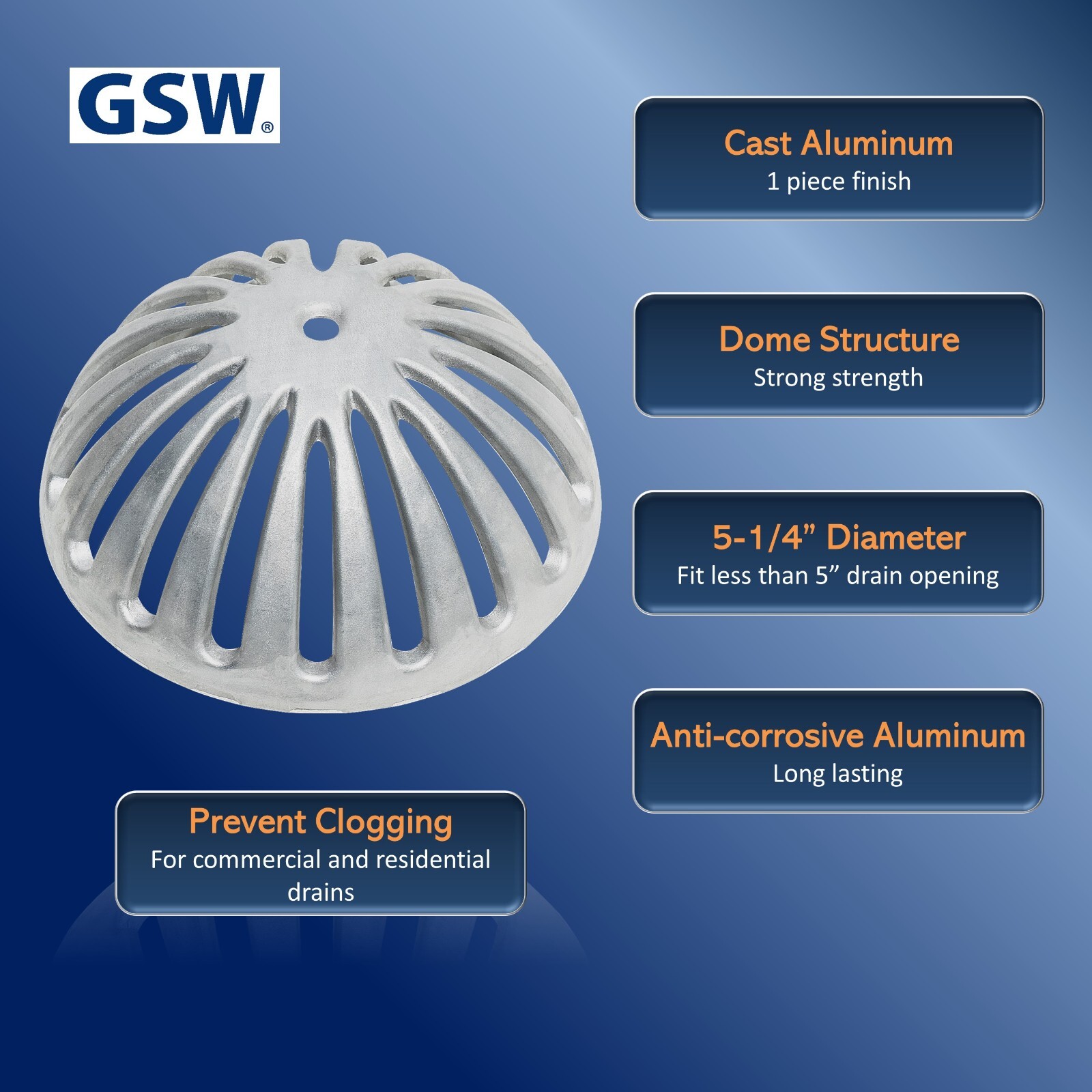 GSW FS-DS Aluminum Dome Strainer 5-1/4″ Diameter x 2-1/4″ Height
