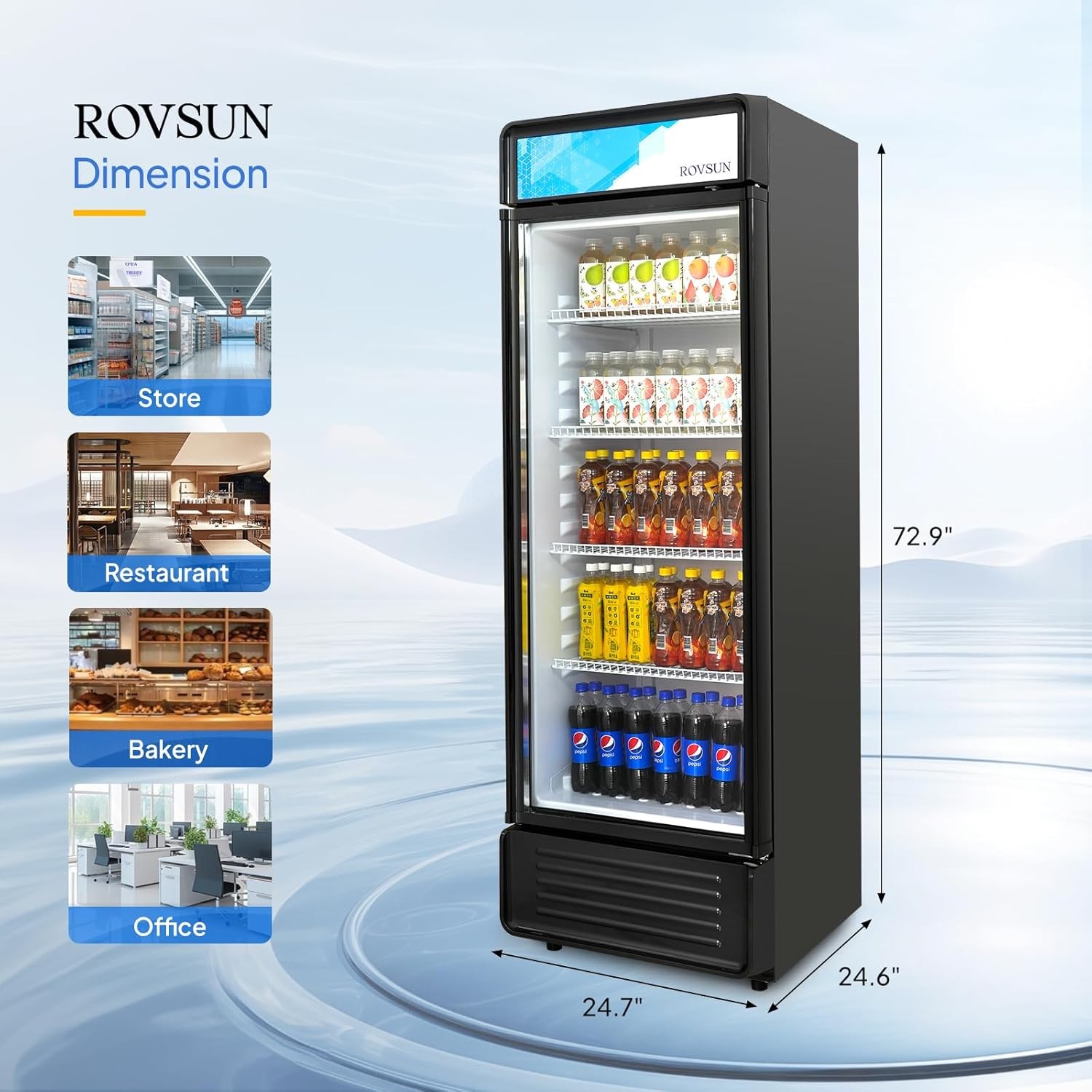 ROVSUNCommercial Merchandiser Refrigerator Cooler 12.2Cu.Ft /345L with 4 Shelves