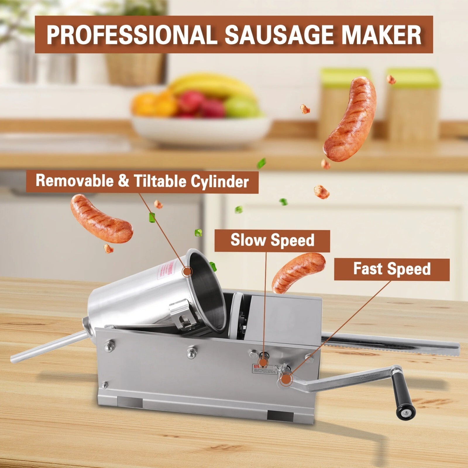 Hakka Horizontal 3L 7LBS Sausage Stuffer Stainless Steel Meat Maker Press Filler