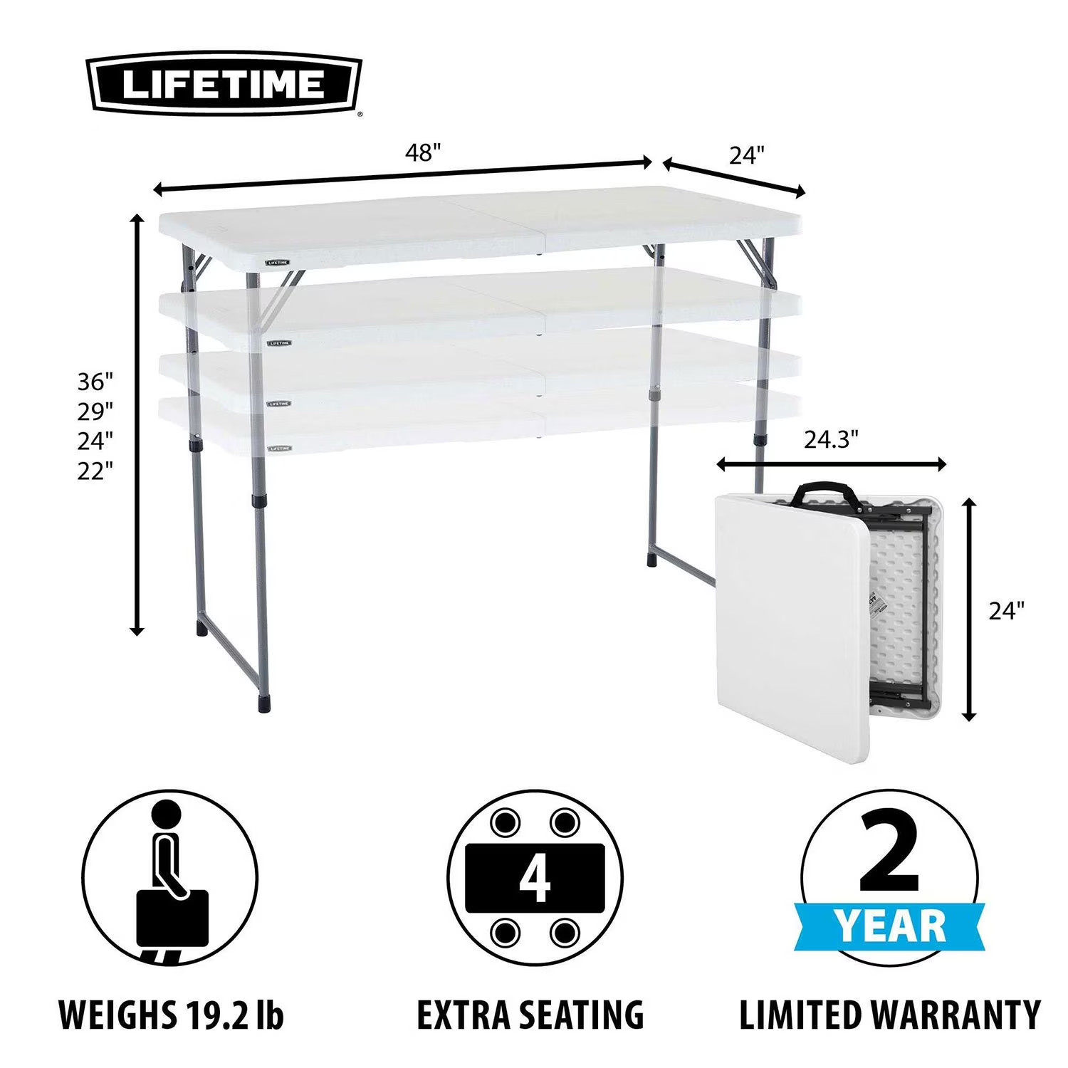 Lifetime 4′ Commercial Grade Adjustable Fold-in-Half Table