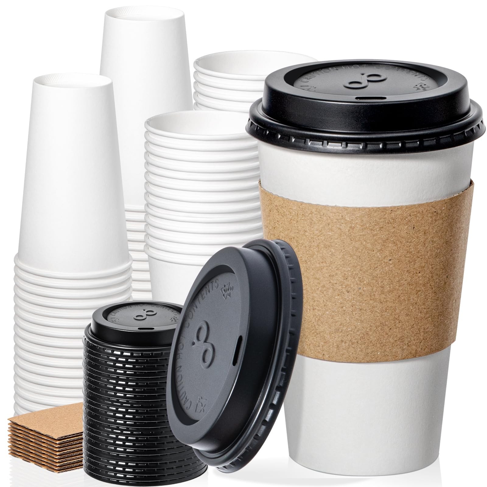Fit Meal Prep 50 Pack 16 oz Disposable Coffee Cups with Lids, 16 oz, White