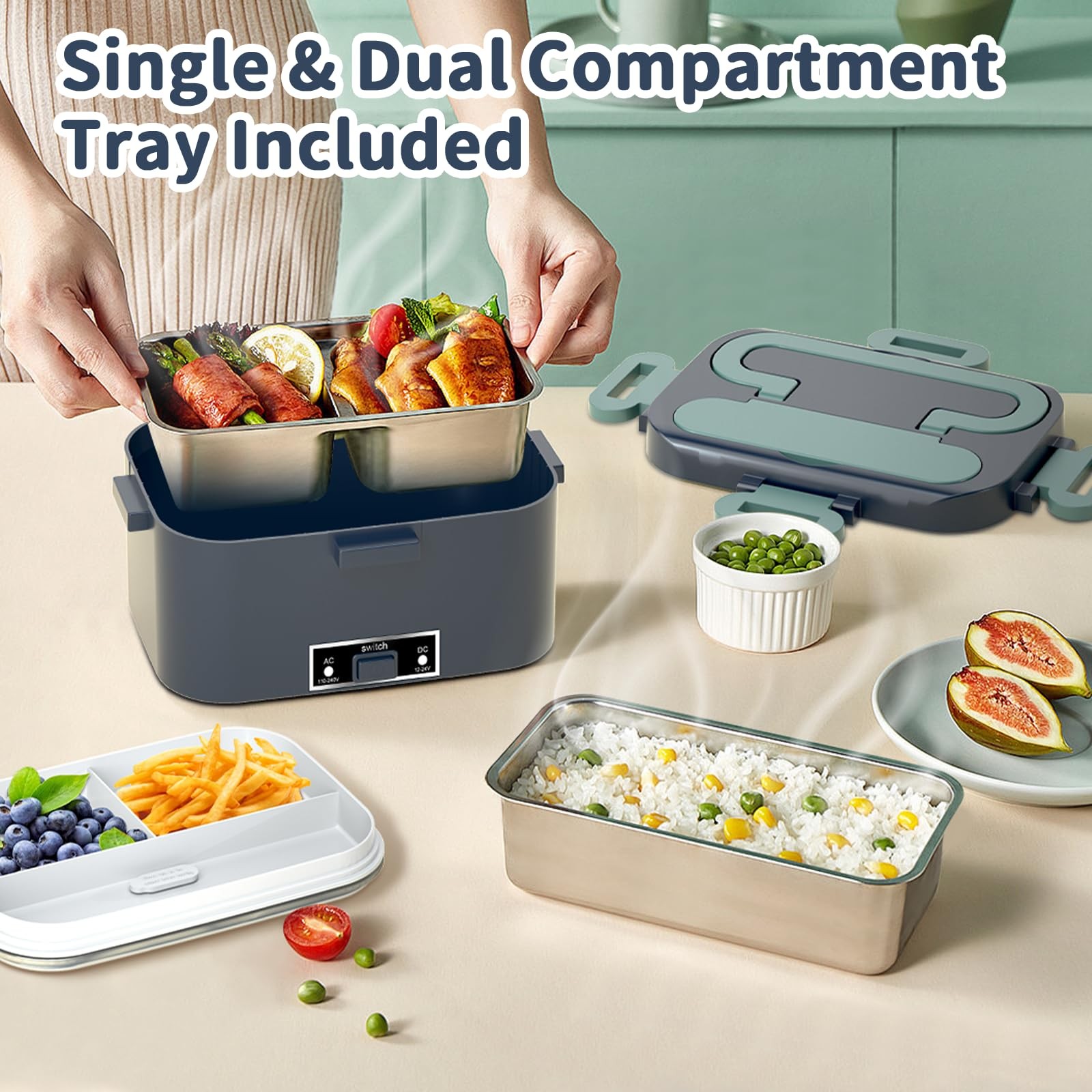Electric Heated Lunch Box for Adults with 2 Pack 1.8L 2 Container-1.8L, Blue