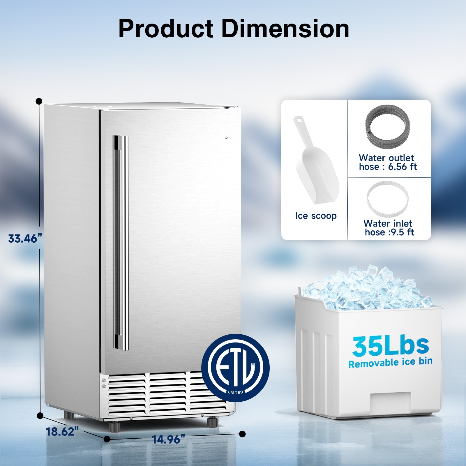 15″ W Under Counter Ice Maker Machine 85 Lb/Day Auto-Cleaning Built-in Ice Maker