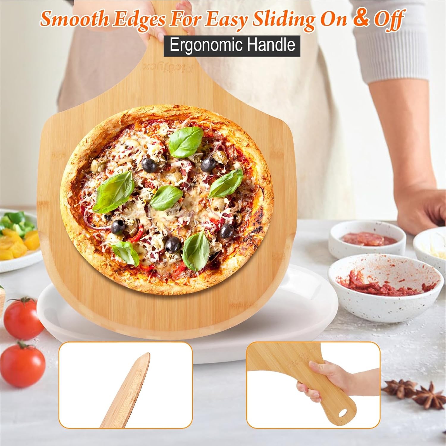 2Pack Natural Bamboo Pizza Peel 16 inch Wood Pizza Paddle Bread Cheese Vegetable