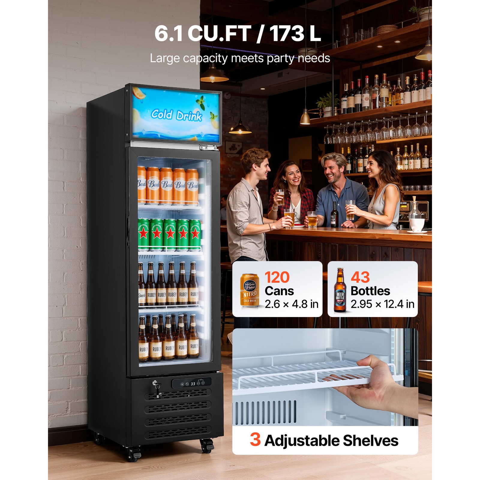 Uimoso Commercial Upright Refrigerator 6.1 Cu.Ft Beverage Display Cooler